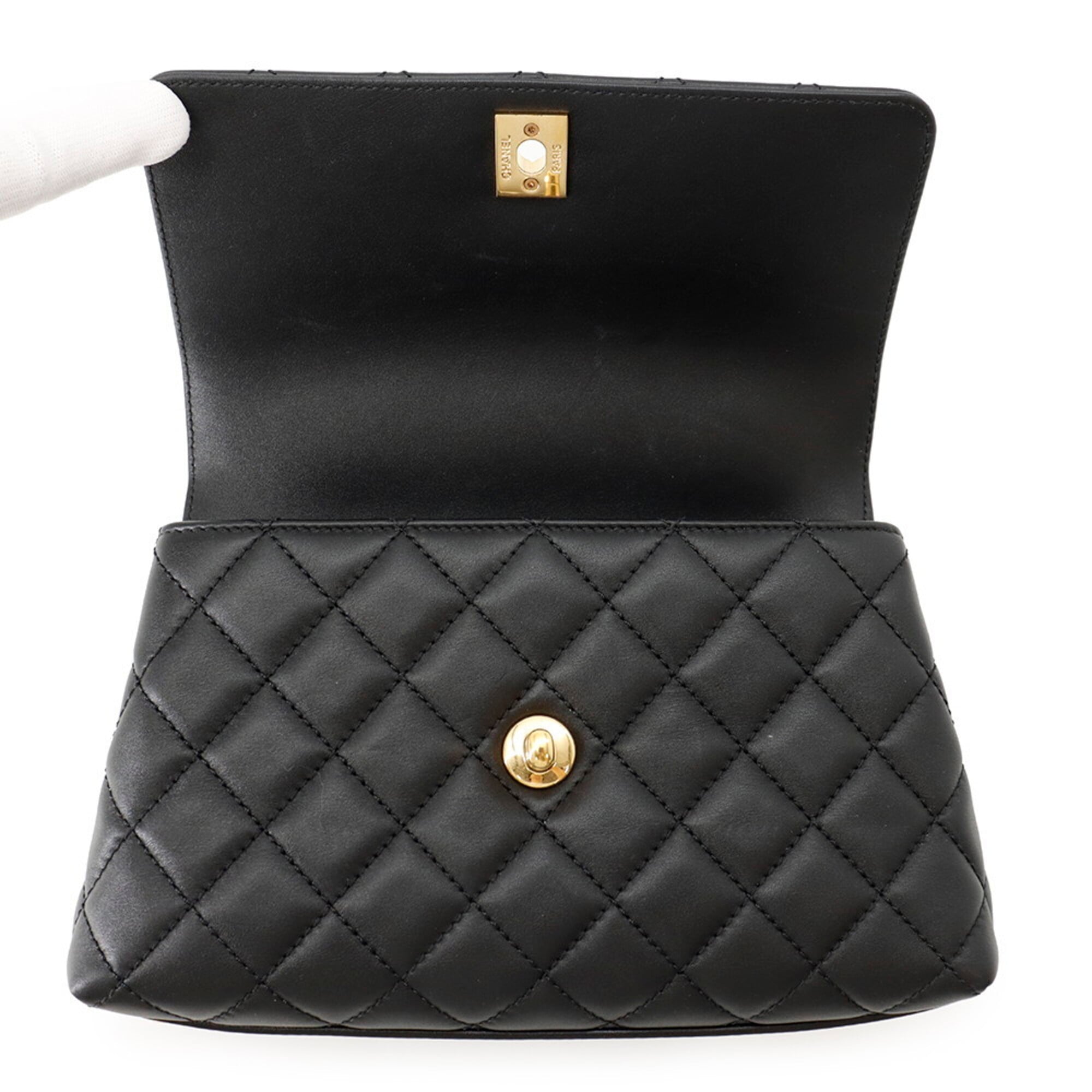 Chanel Matelassé handbag, Coco Mark, Handle, Lambskin, A92990, CHANEL 2-way shoulder bag, Black, handbag for women — Like New