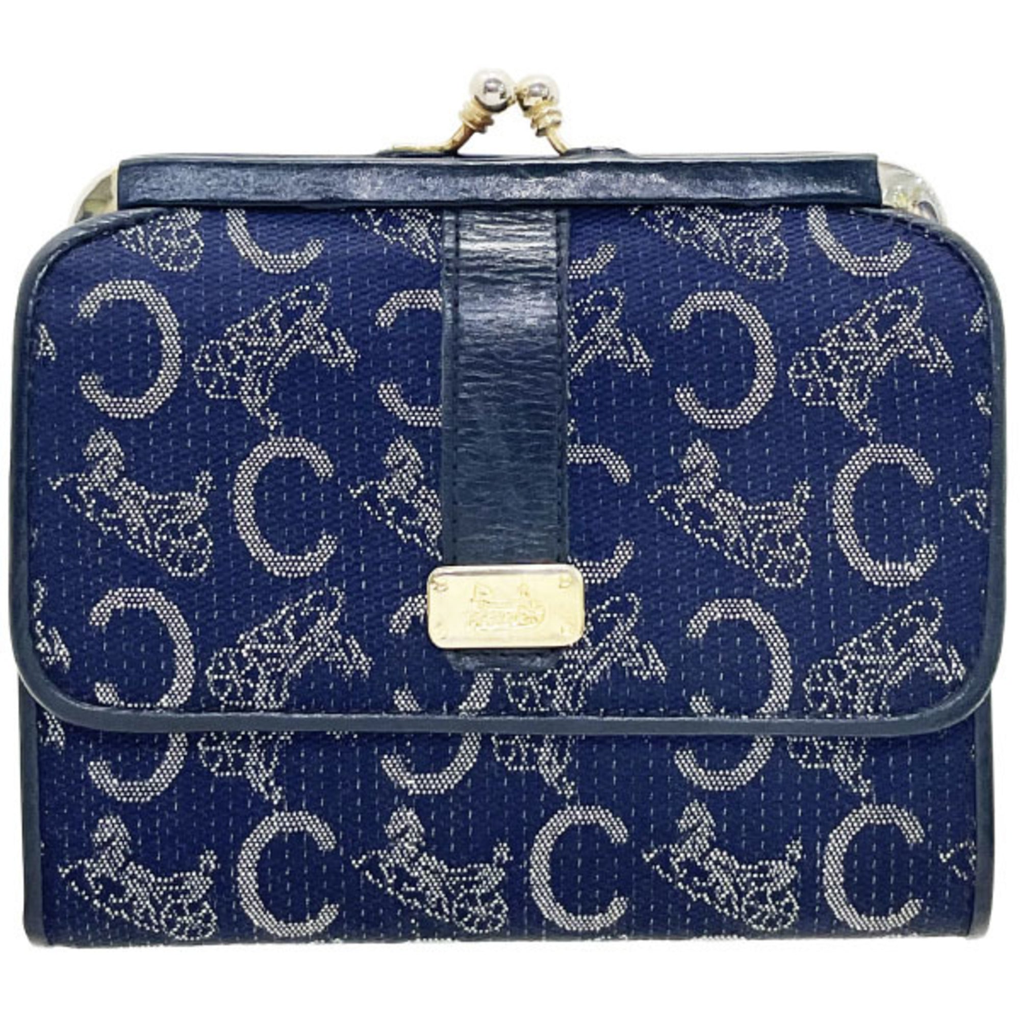 Celine C Macadam Canvas Leather Navy Blue Sulky Carriage Vintage Tri-fold Wallet TT-14877