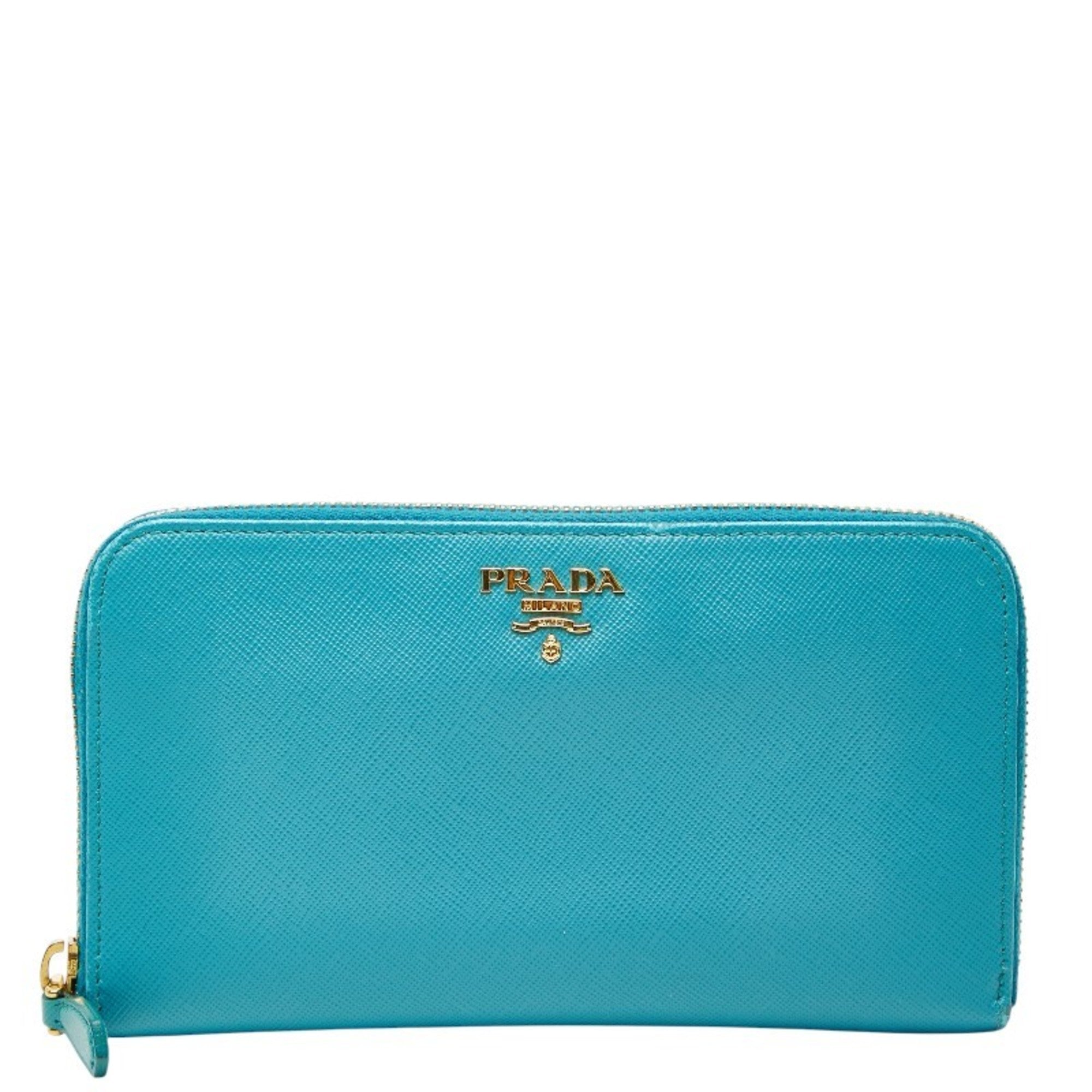 Prada Women's Round Zip Long Wallet 1M0506 Blue Saffiano Leather