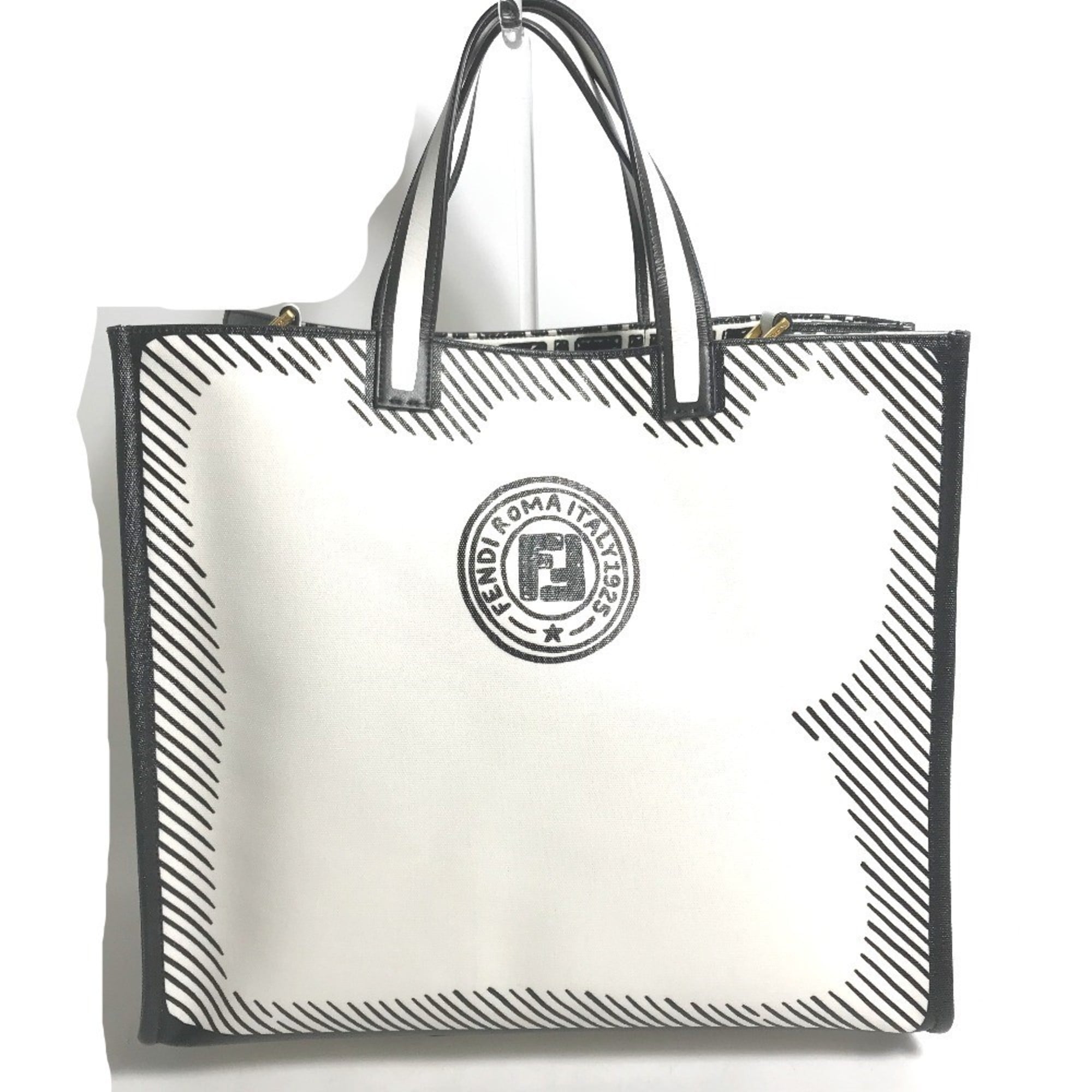 FENDI 8BH357 Joshua Vides collaboration shopper bag, shoulder tote coated canvas, men's, white — Like New
