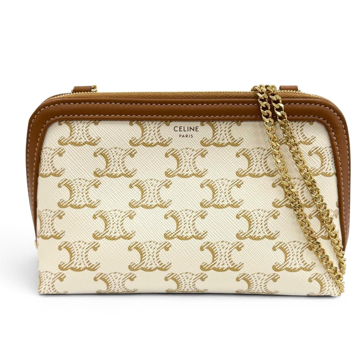 CELINE 10E382CBX Triomphe Canvas Logo Chain Clutch Bag Shoulder Off-White Brown Made in Italy Women's Comes with Box and Dust — Like New