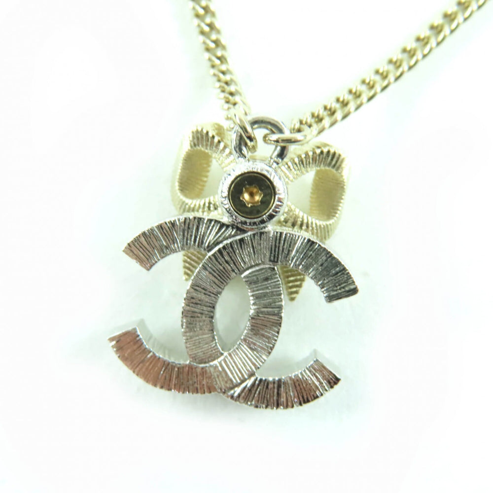 CHANEL B24K Coco Mark Ribbon Rhinestone Necklace, Champagne Gold, with Box, Made in Italy, Women's — Like New