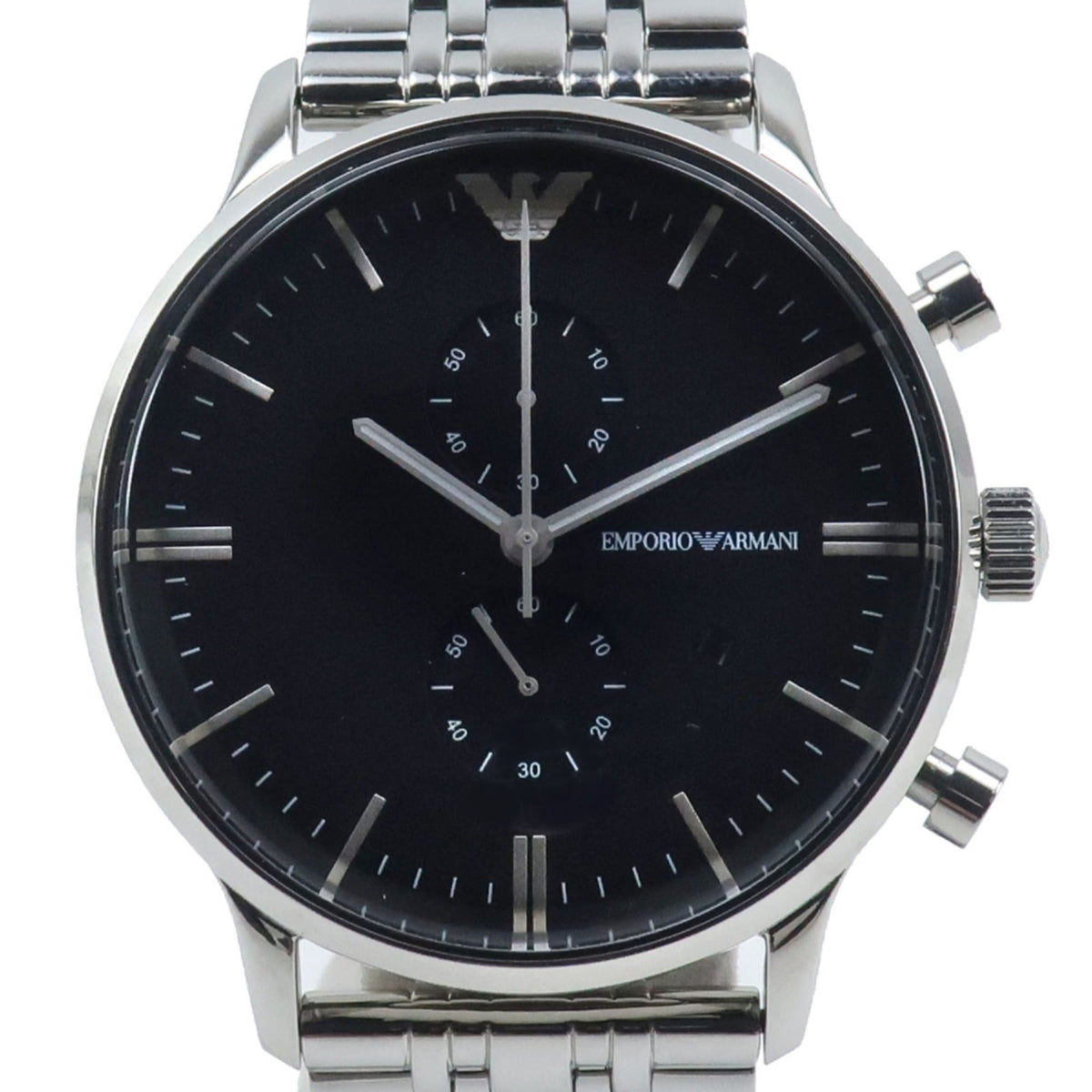 Emporio Armani AR0389 Stainless Steel Silver Quartz Chronograph Men's Watch with Black Dial — Like New