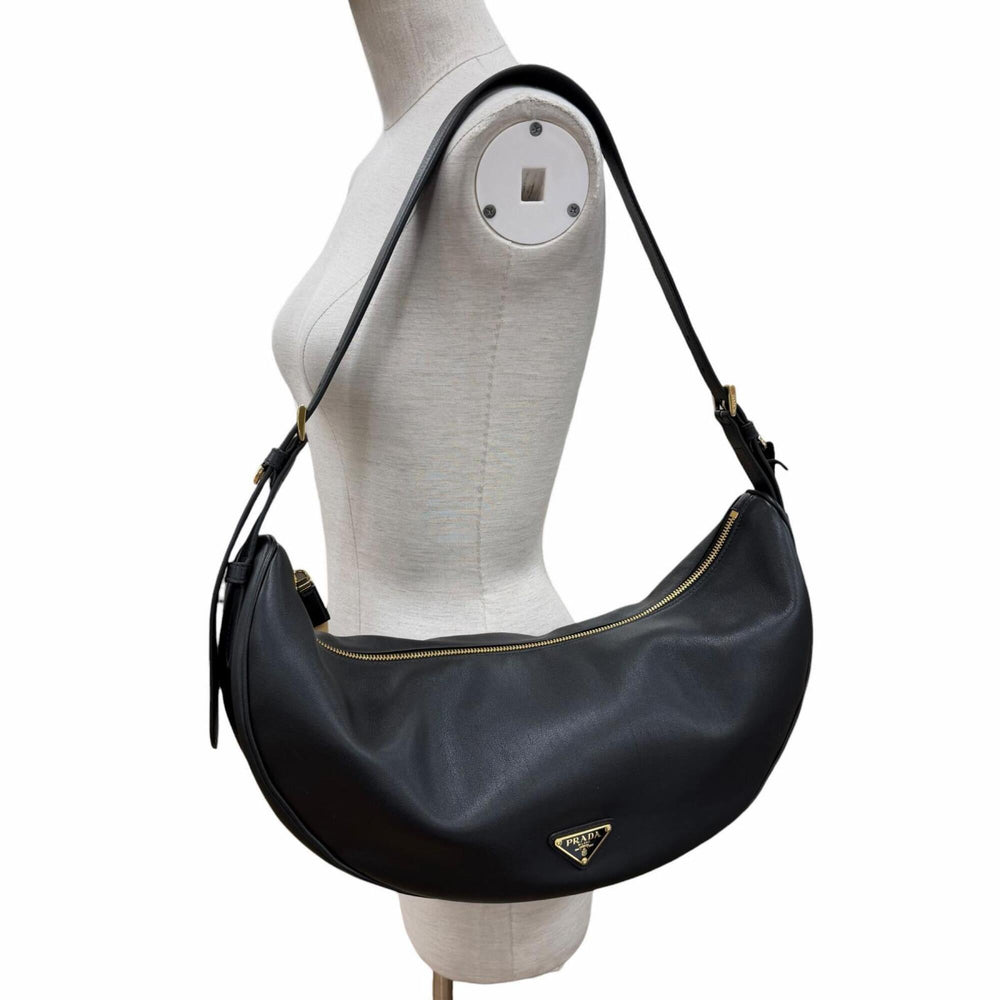 PRADA 1BC255 Demi-Lune Triangle Logo Leather Shoulder Bag, Black, Made in Italy, Women's, with Dust Bag — Like New