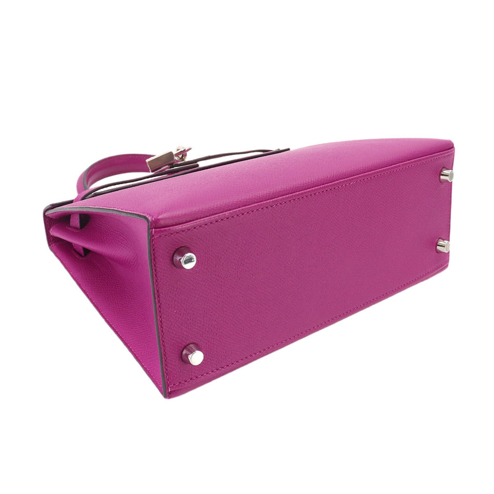 Hermes Kelly 25 Epsom Rose Purple 2-way Handbag Shoulder Bag with external stitching, C stamp, silver hardware — Like New
