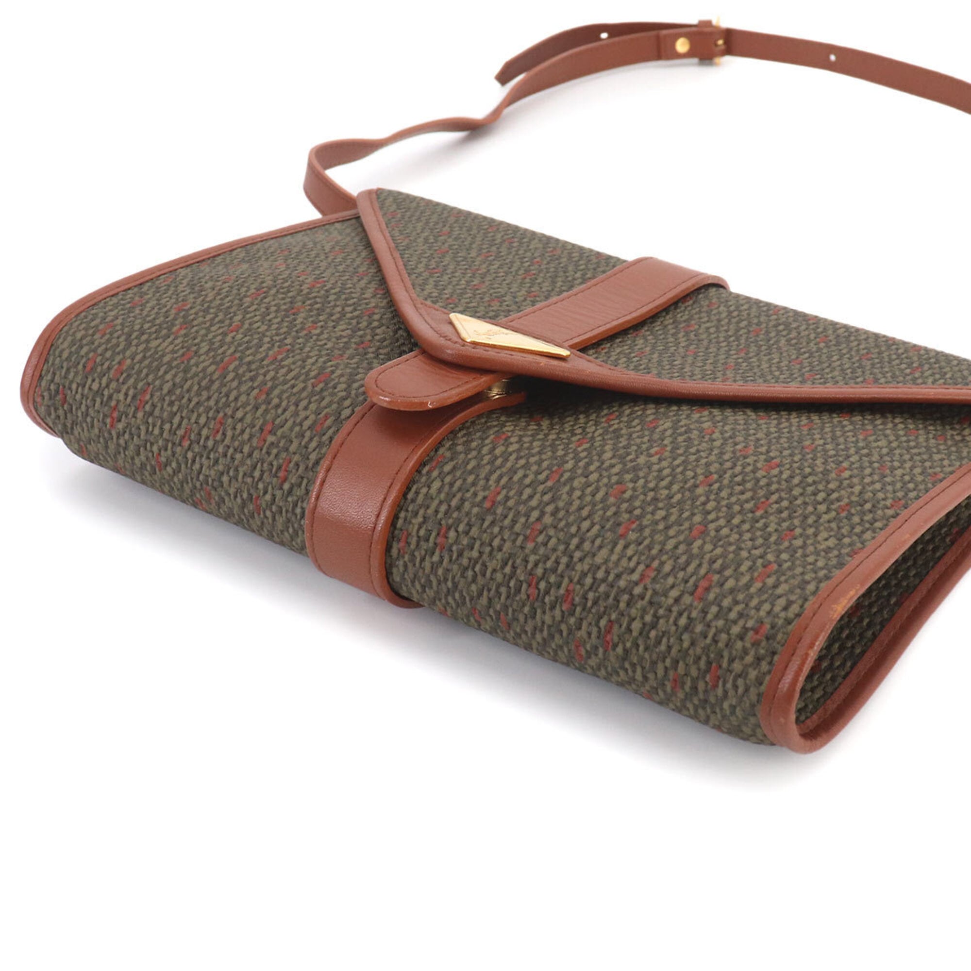 Yves Saint Laurent 2-way Shoulder Clutch Handbag, Leather, Brown/Green, Gold Hardware — Like New