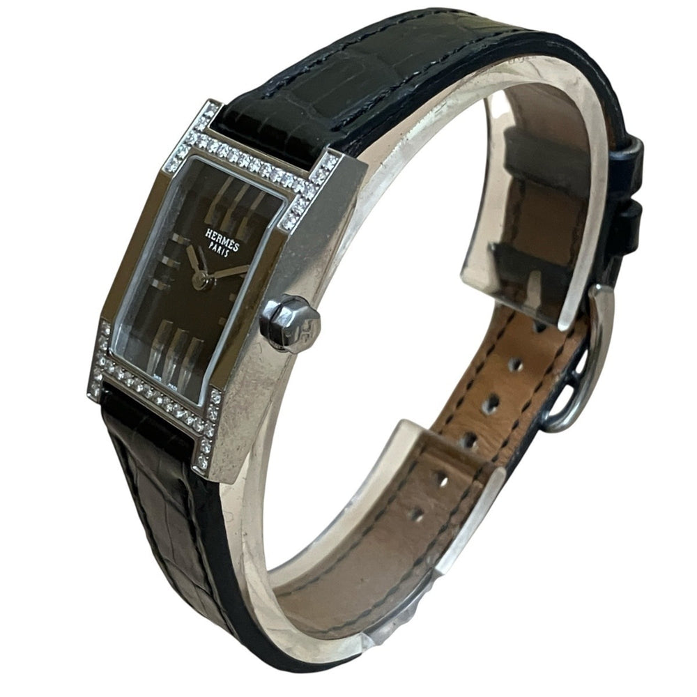 Hermes HERMES Dandem Diamond-Set Bezel Watch, Total Weight 20.8g, Stainless Steel, Genuine Leather Strap, Quartz Movement, Black Dial, TA1.230 — Good