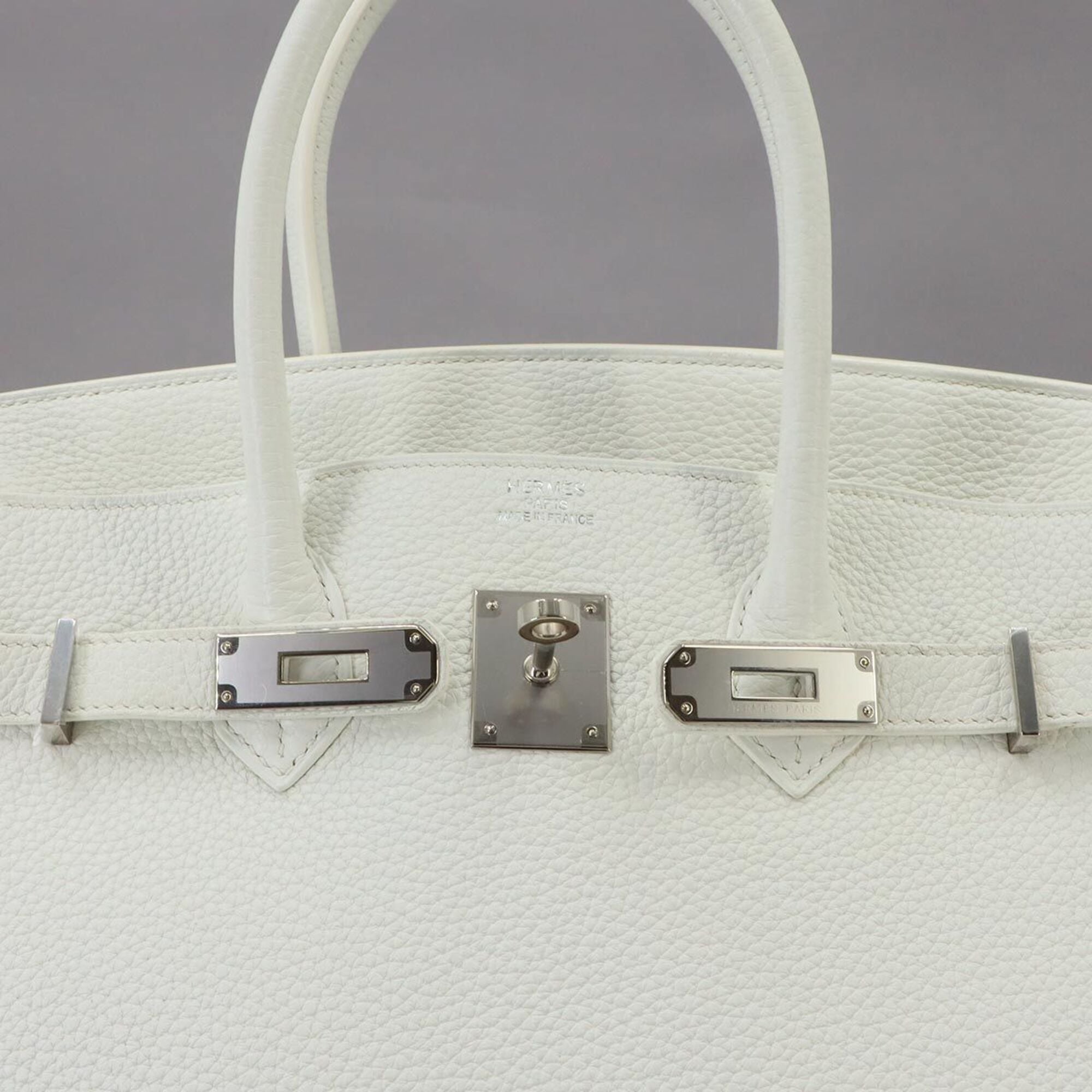 Hermes Birkin 35, Taurillon Clemence leather, white, handbag, R stamp, silver hardware — Like New
