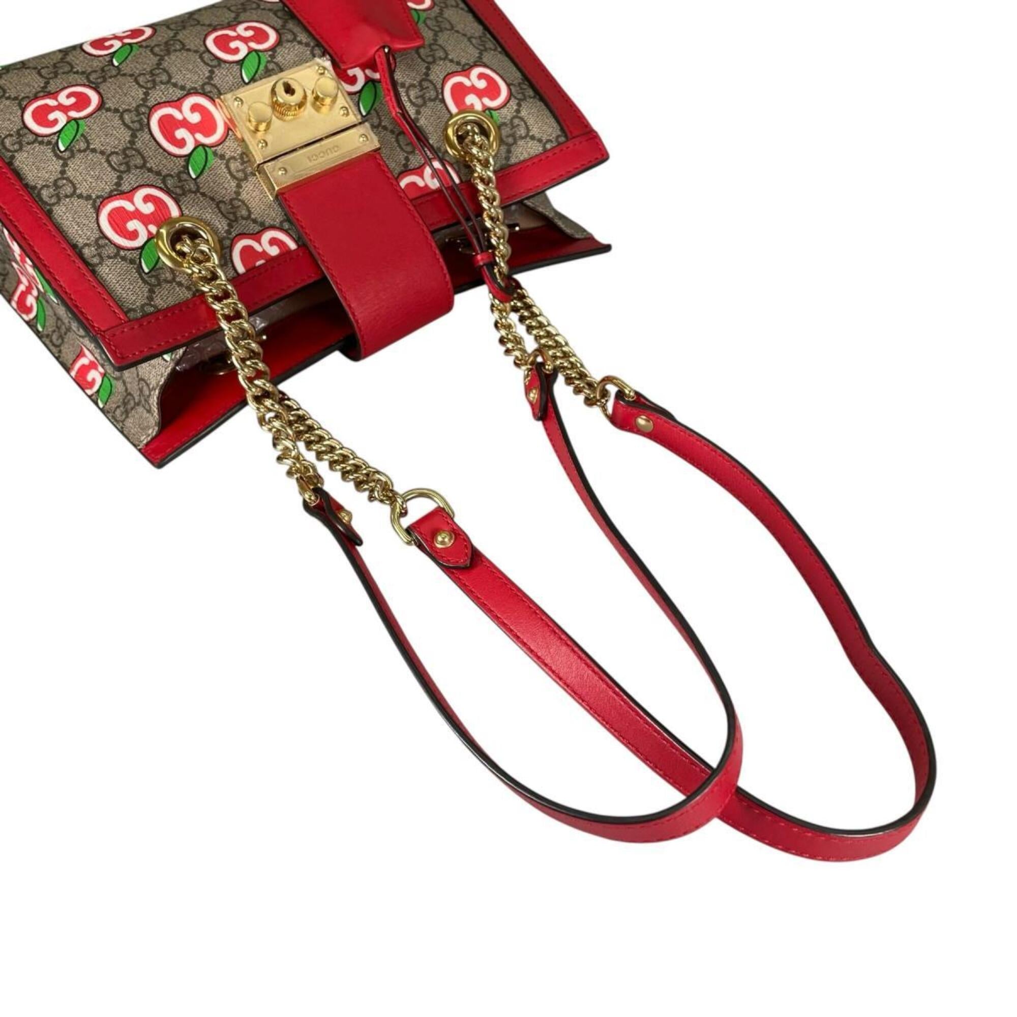 Gucci GG Apple Padlock Shoulder Bag, Canvas, 498156, Beige x Red Multicolor — Like New