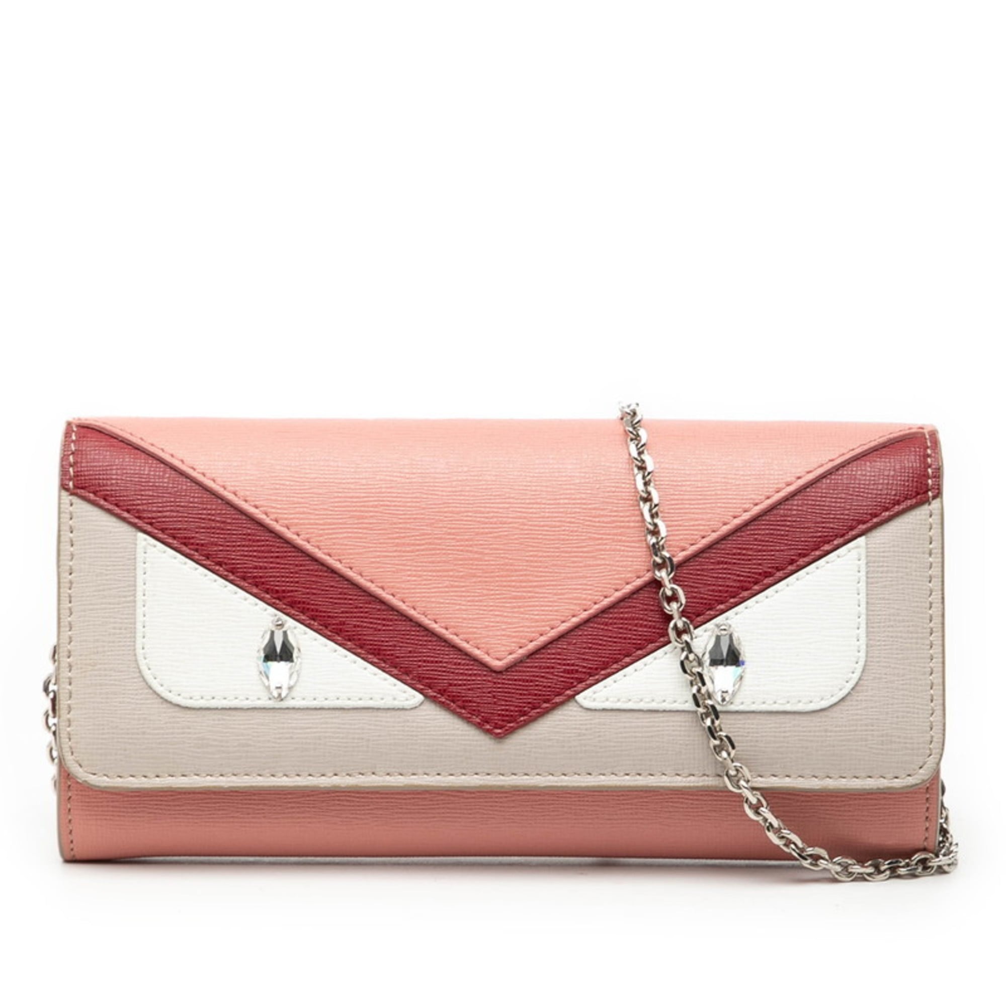 Fendi Bugs Monster Chain Wallet 8M0365 Pink Red Beige Leather Women's FENDI