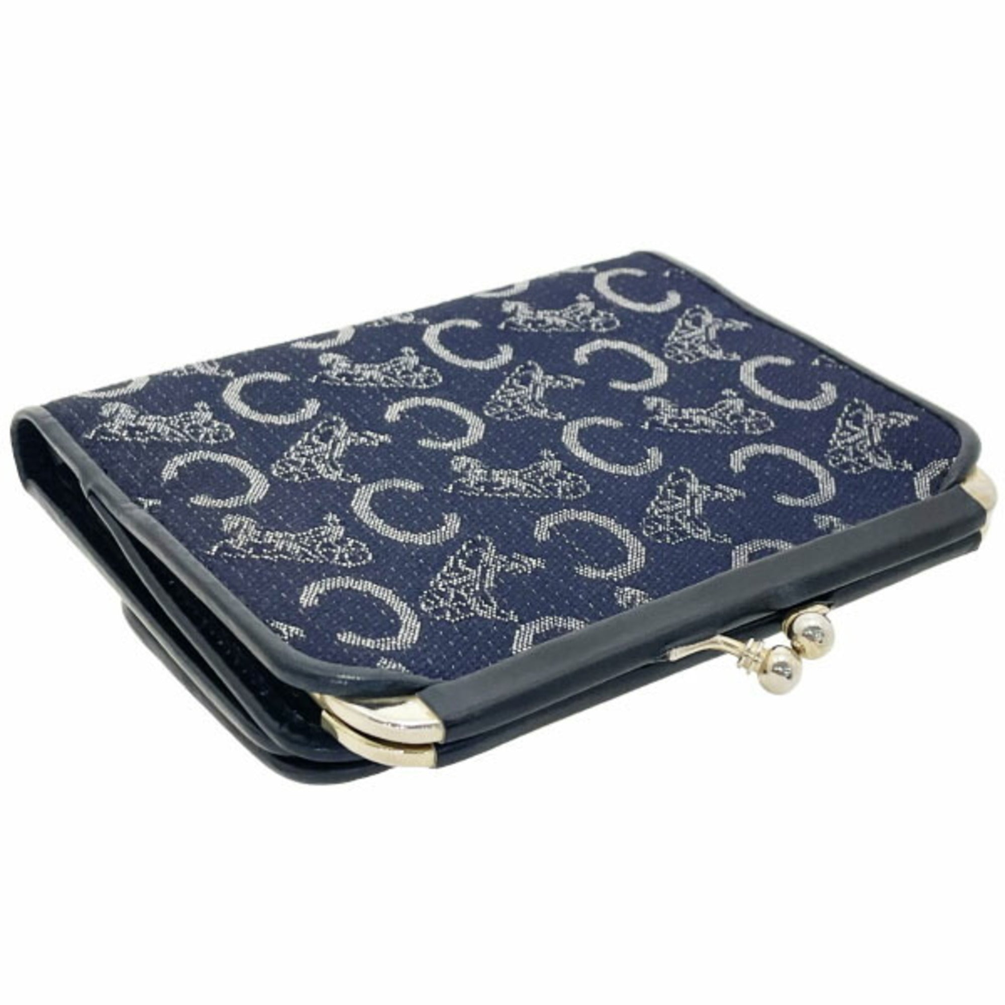 Celine C Macadam Canvas Leather Navy Blue Sulky Carriage Vintage Tri-fold Wallet TT-14877
