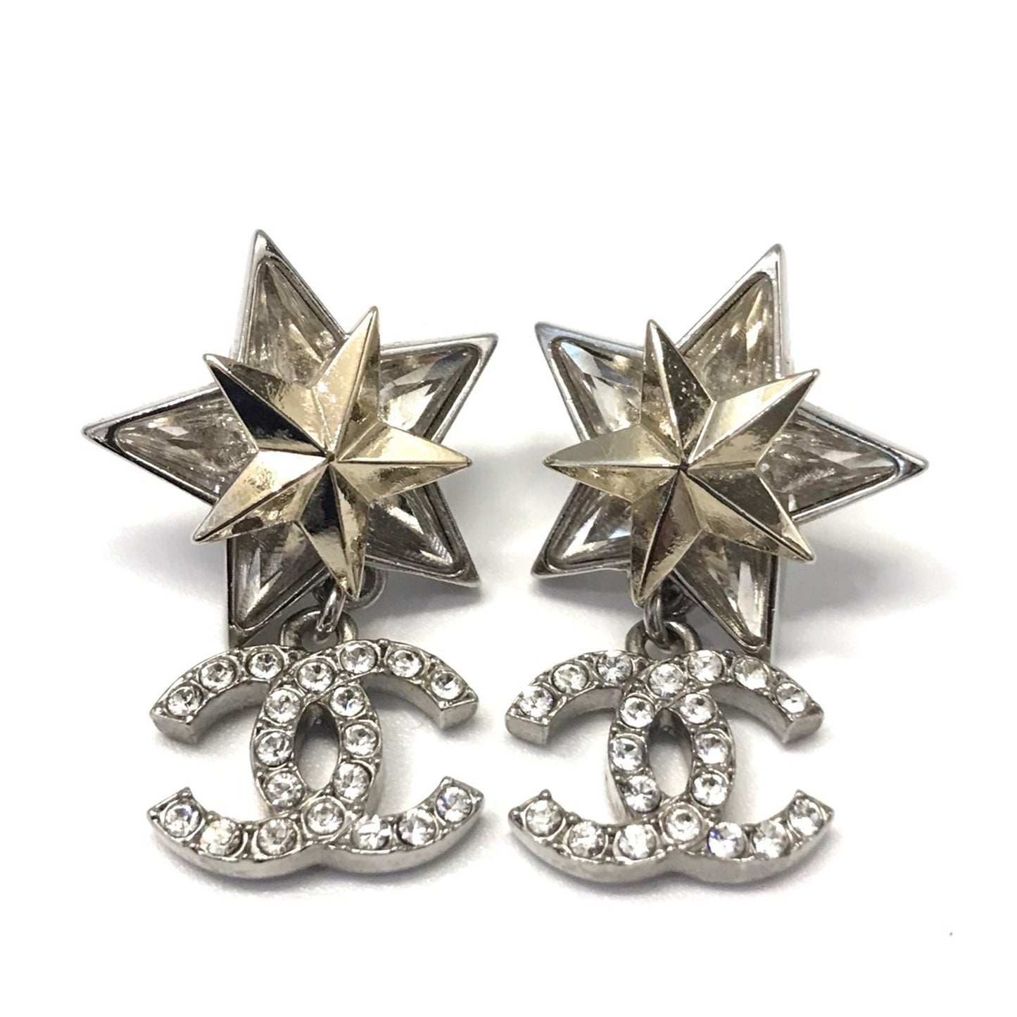 CHANEL Women's Earrings with Coco Mark Rhinestone Star in Silver
