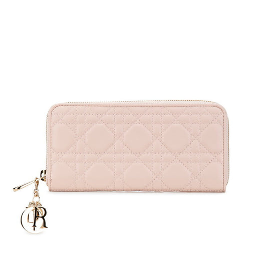 Christian Dior Dior Cannage Round Long Wallet Pink Leather Women's