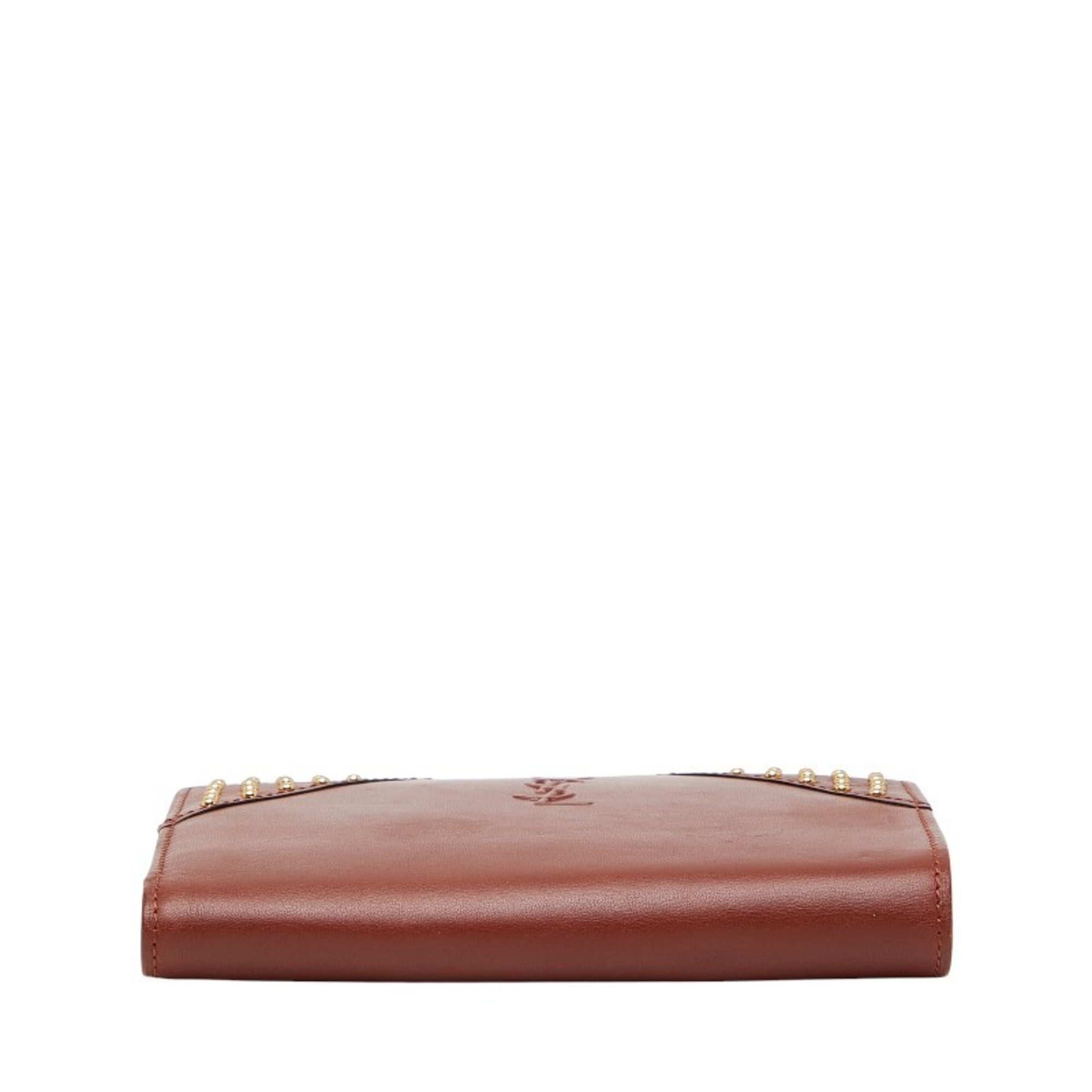 Saint Laurent YSL logo studded bifold wallet in brown leather for women.
