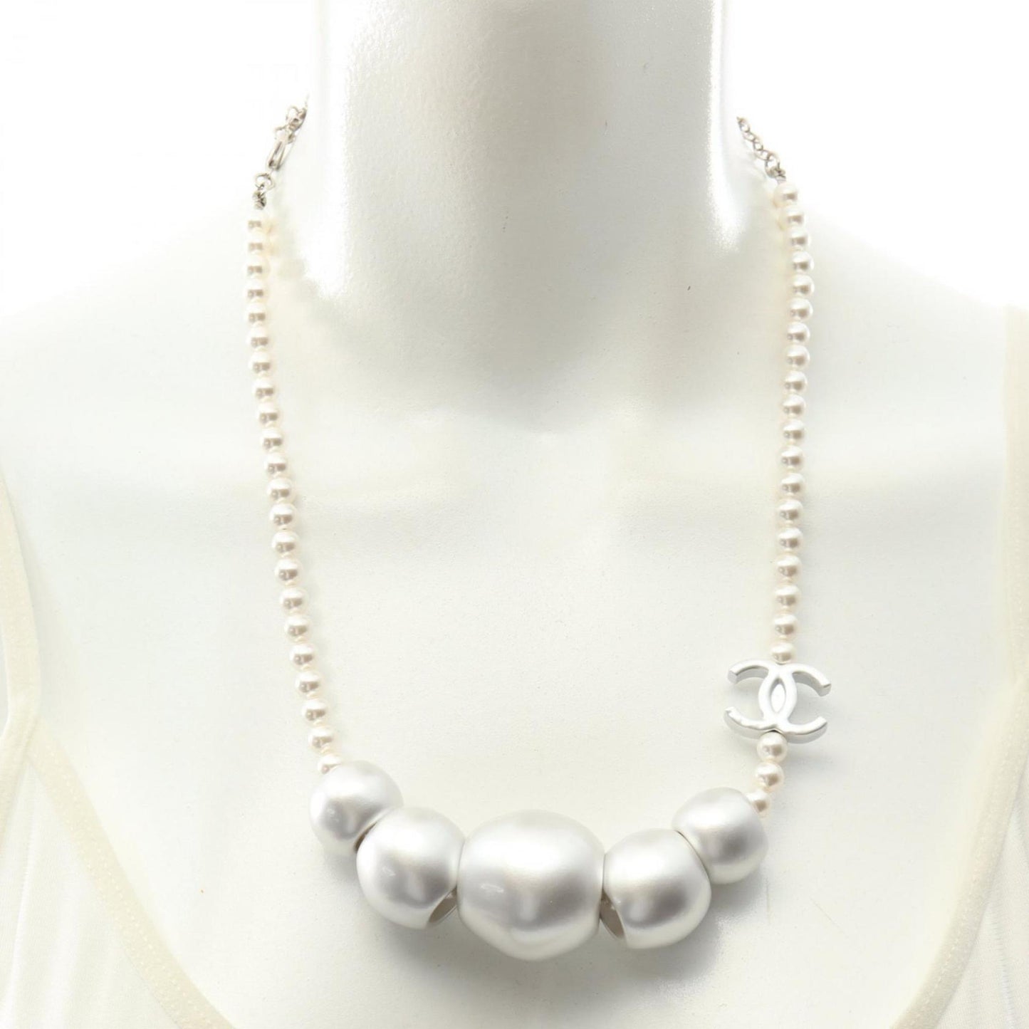 Chanel Coco Mark Necklace in Stainless Steel with Faux Pearls, Silver and Ivory, ABE925