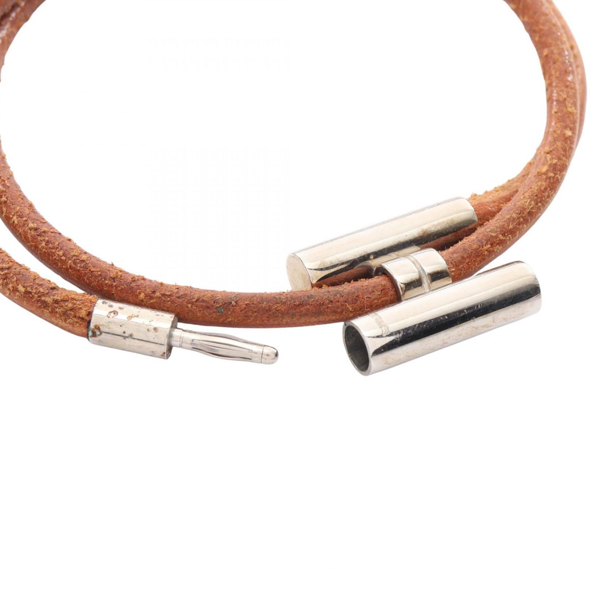 Hermes Hermès Tourni Tresse Bracelet, Stainless Steel and Leather, Women's, Silver Brown