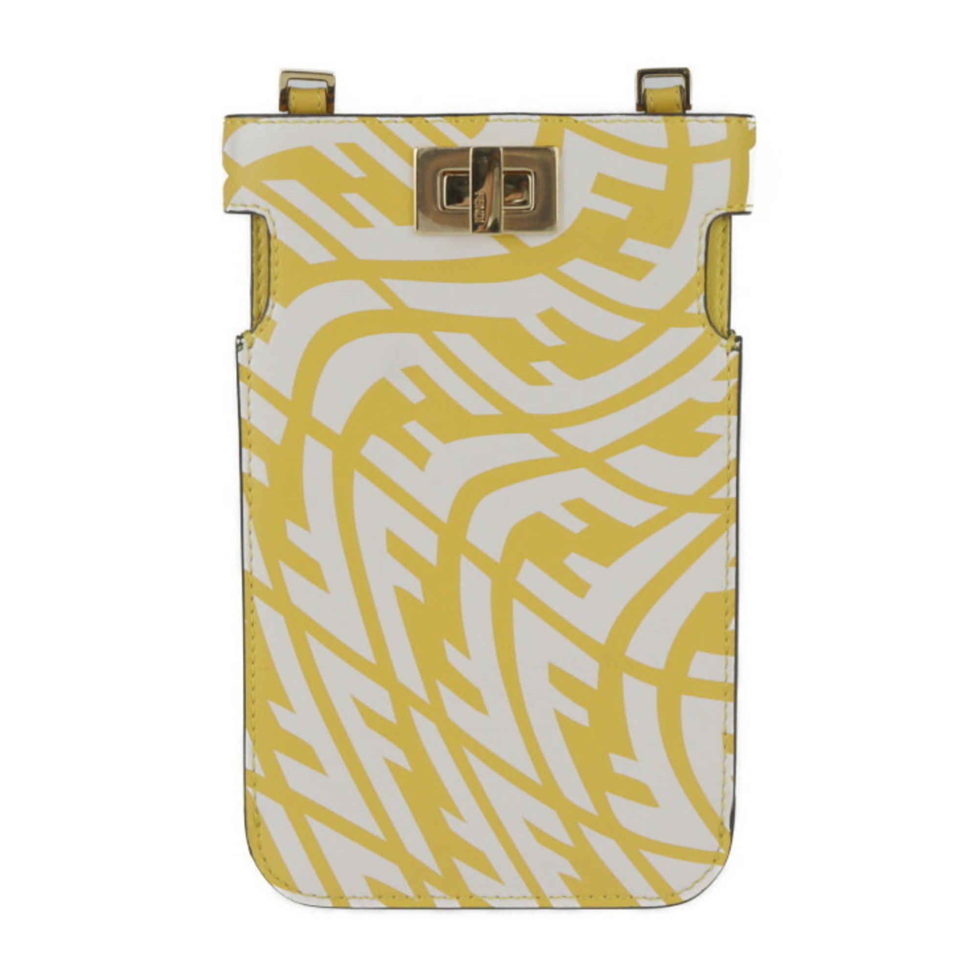 FENDI Peekaboo Shoulder Bag 8M0442 Calf Leather Yellow Zucca Pattern Smartphone Pouch Case Strap Turn Lock — Like New