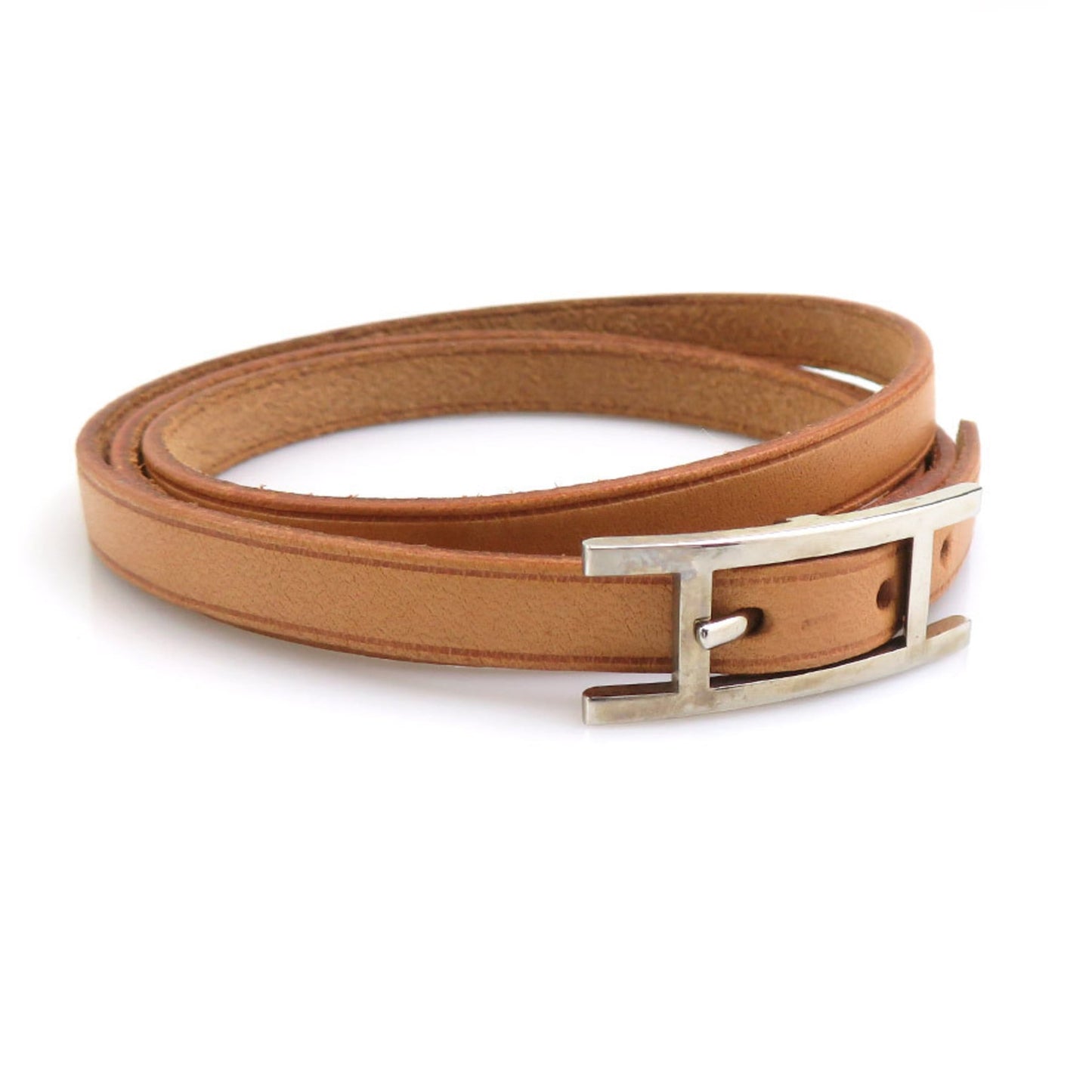 Hermes Hermès Api Leather Metal Bracelet in Beige Brown and Silver, Women's, e61129