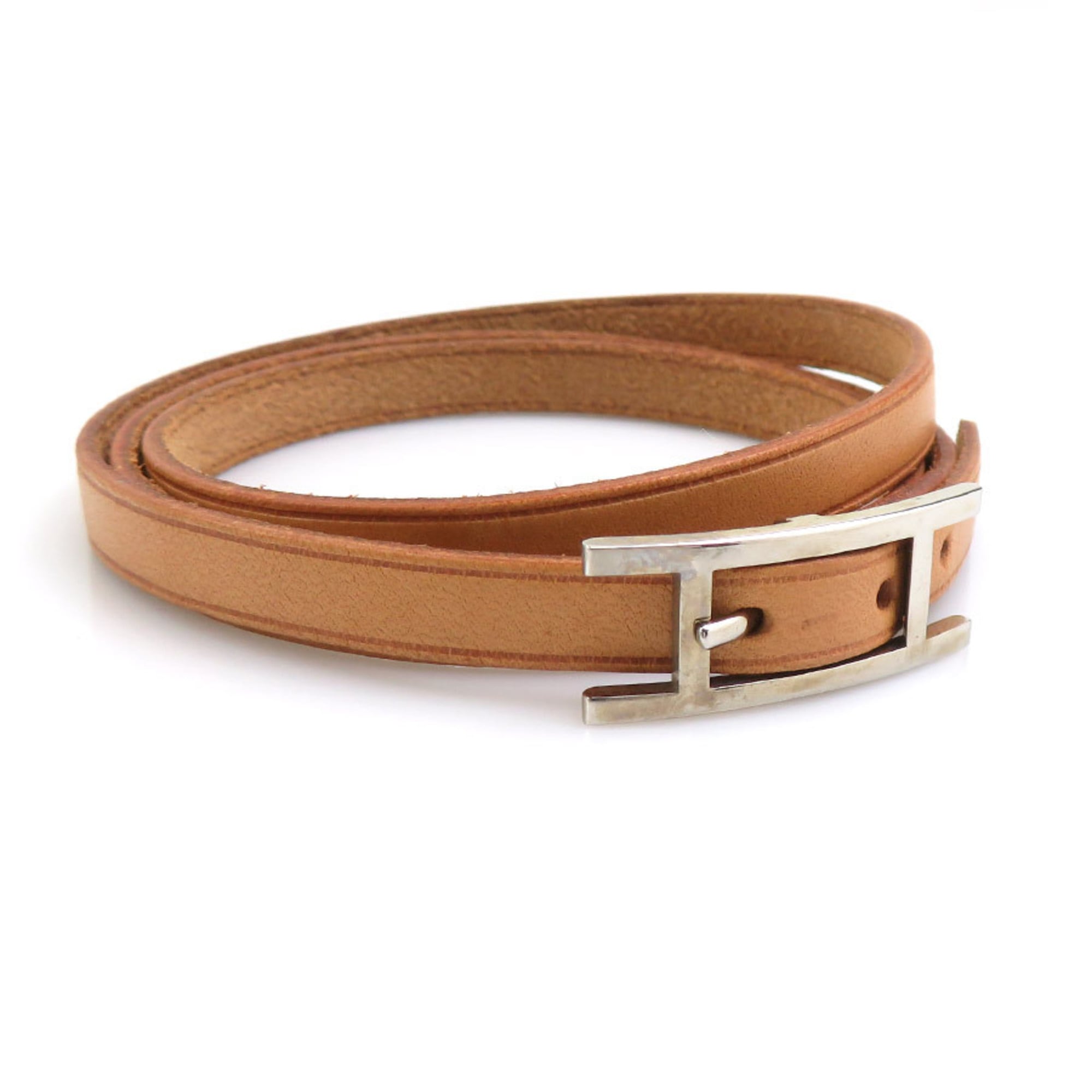 Hermes Hermès Api Leather Metal Bracelet in Beige Brown and Silver, Women's, e61129