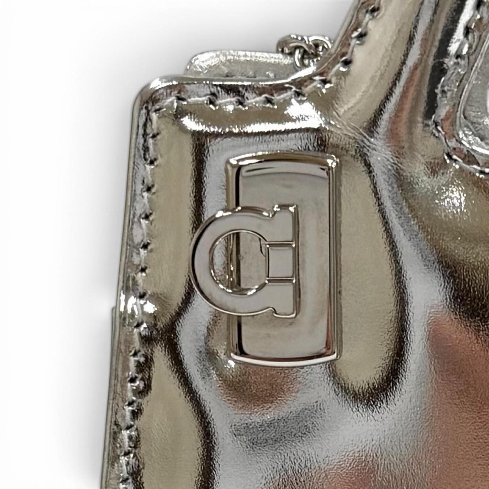 Salvatore Ferragamo FERRAGAMO Wanda Mini Gancini Leather 2-Way Chain Shoulder Pouch Bag, Silver, Made in Italy, Women's, with Dust Bag — Like New