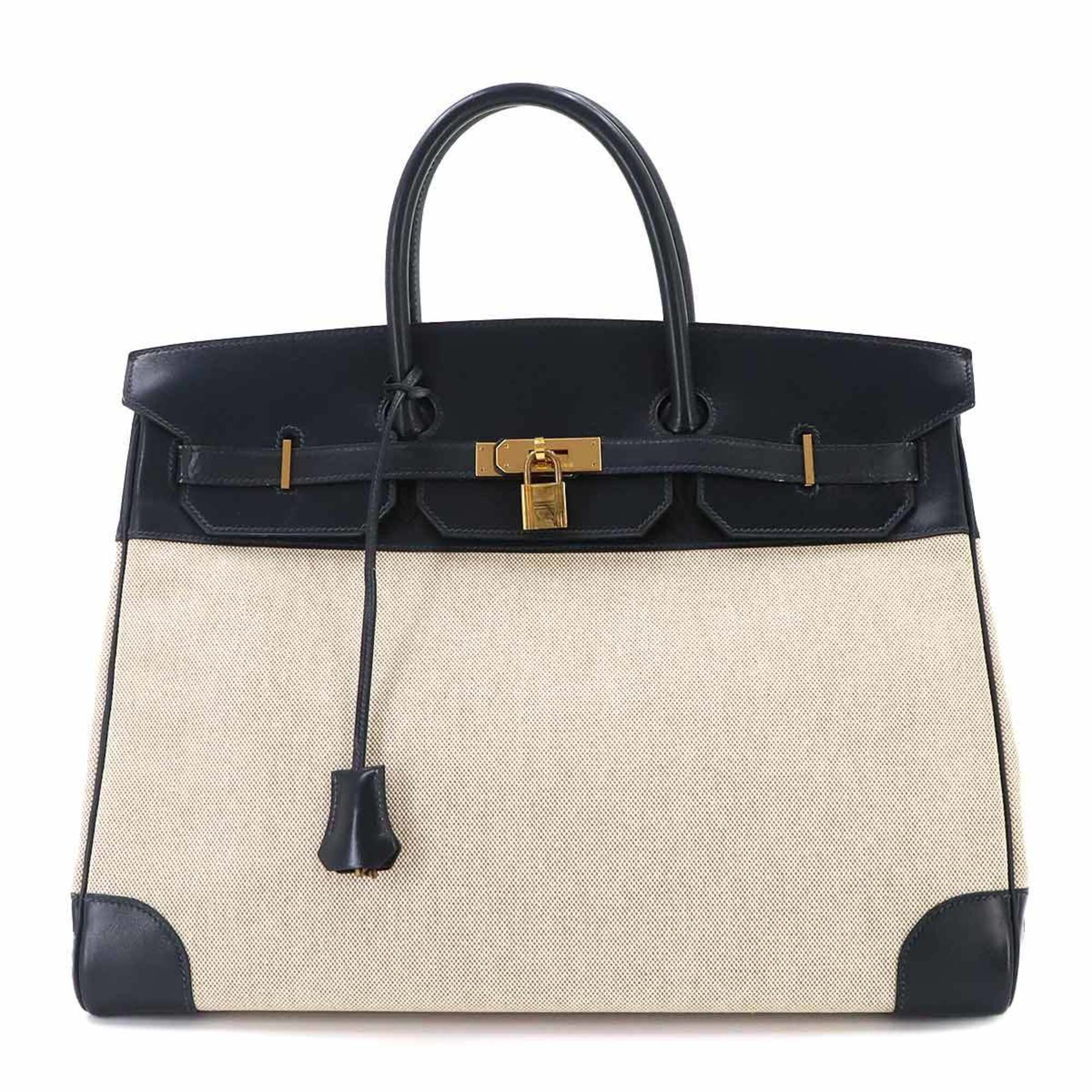Hermes Birkin 40, Box Calf Leather, Toile H Blue Marine Beige, Handbag, 〇R Stamp, Made in 1988, Gold Hardware — Like New
