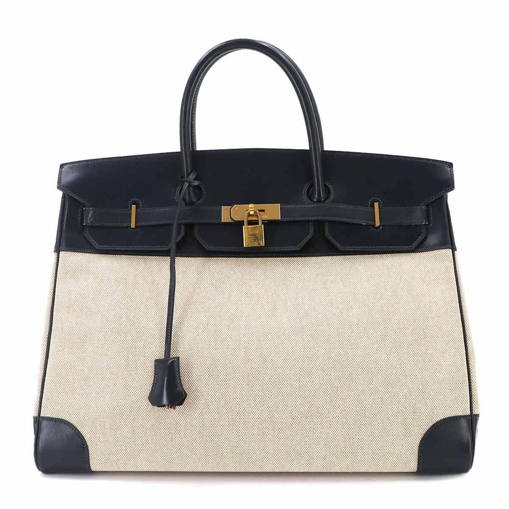 Hermes Birkin 40, Box Calf Leather, Toile H Blue Marine Beige, Handbag, 〇R Stamp, Made in 1988, Gold Hardware — Like New