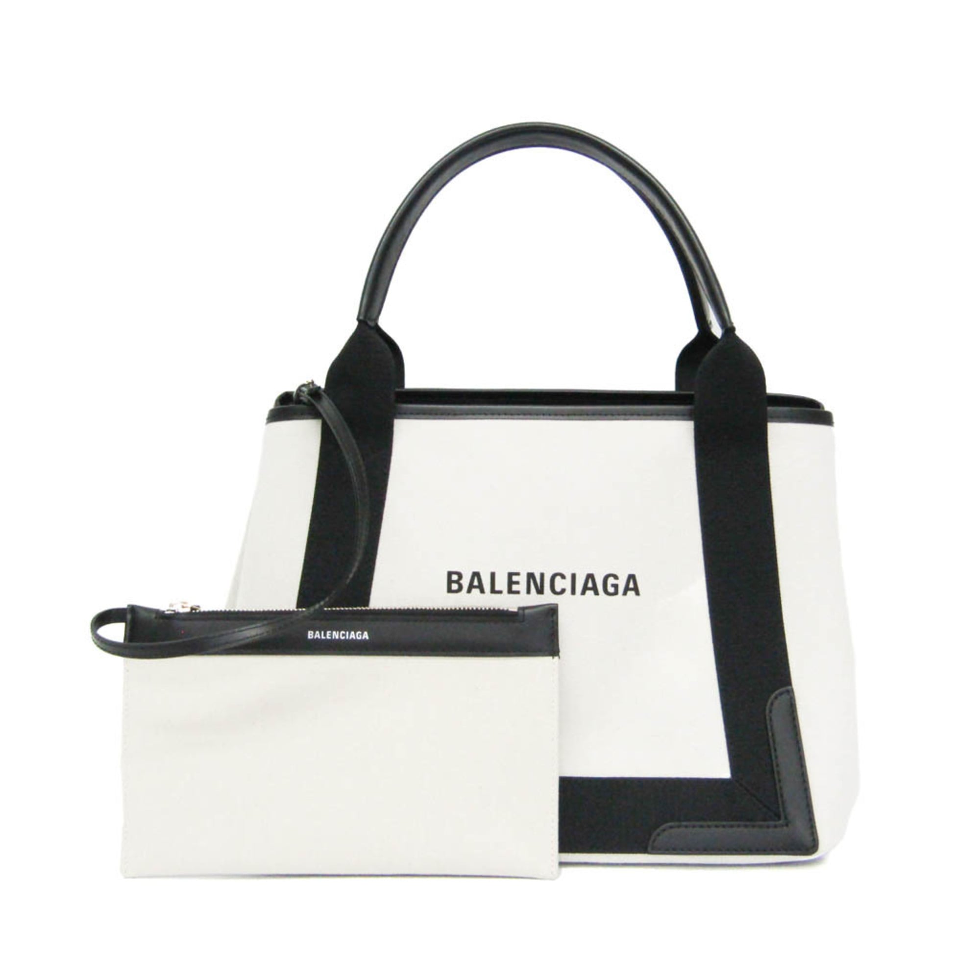Balenciaga Navy Cabas S 339933 Women's Canvas,Leather Handbag Black,Off-white — Like New
