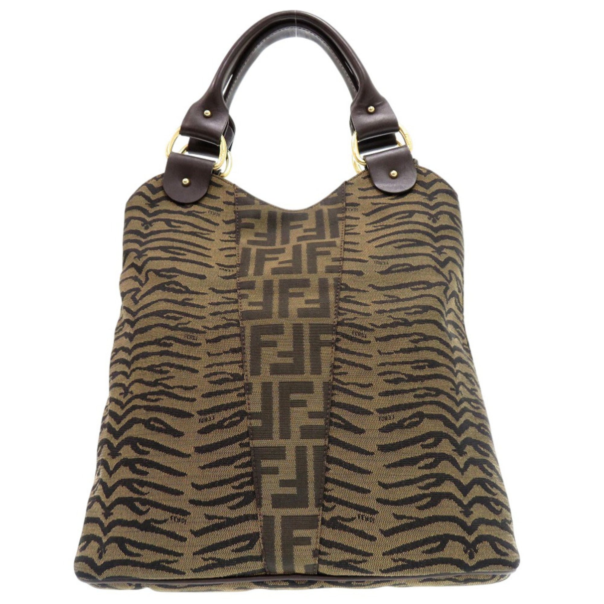 Excellent condition Fendi Zucca handbag in tiger print canvas and leather, brown, 1378
