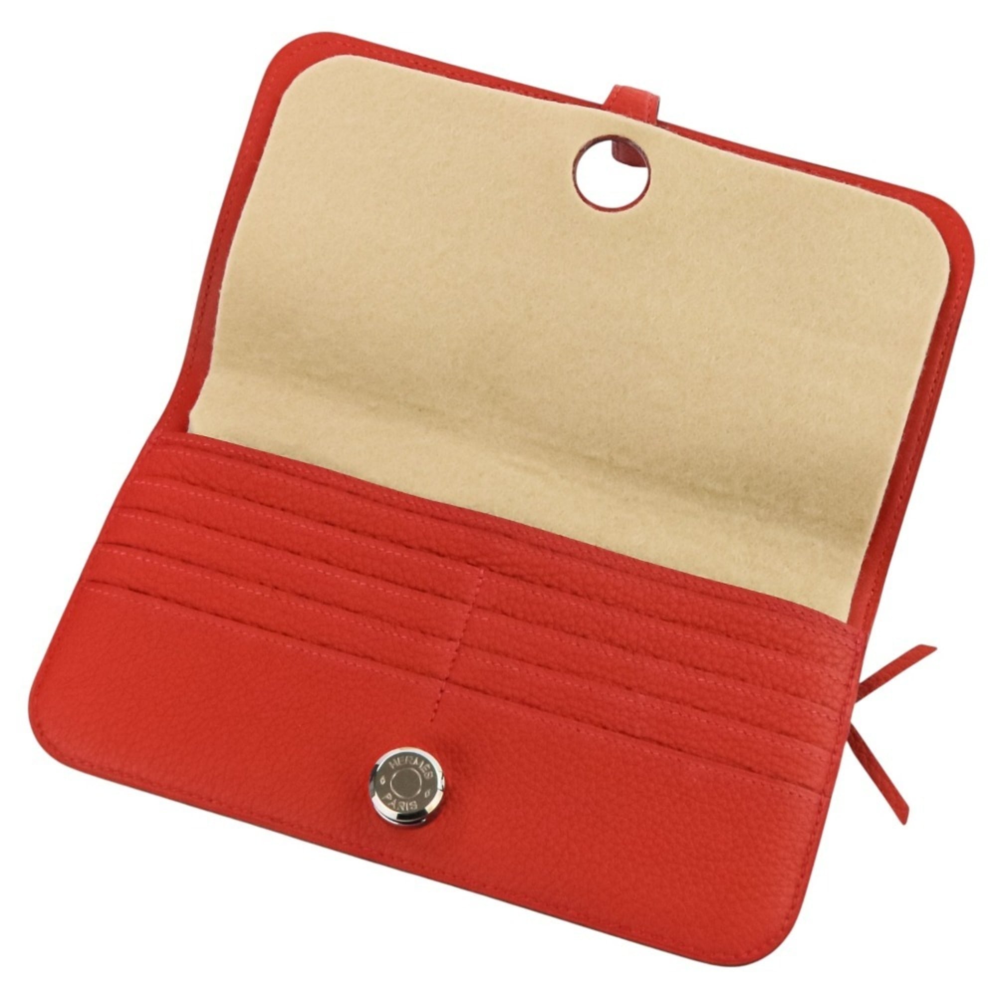 HERMES Dogon Long Wallet in Taurillon Clemence Leather with Silver Hardware, K Stamp, Made 2025, Red, Women's