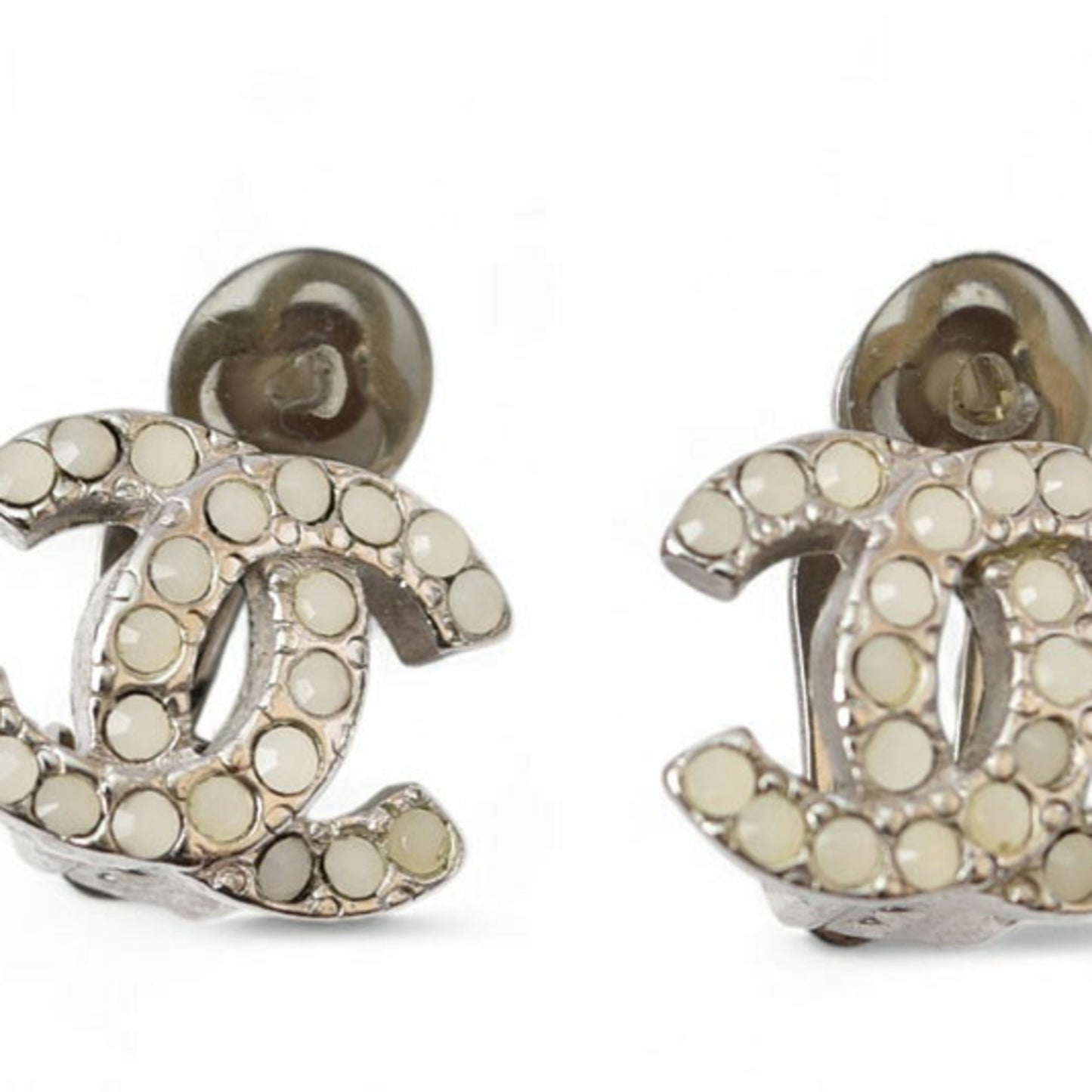 CHANEL Earrings Coco CC Color Stone Silver White 06