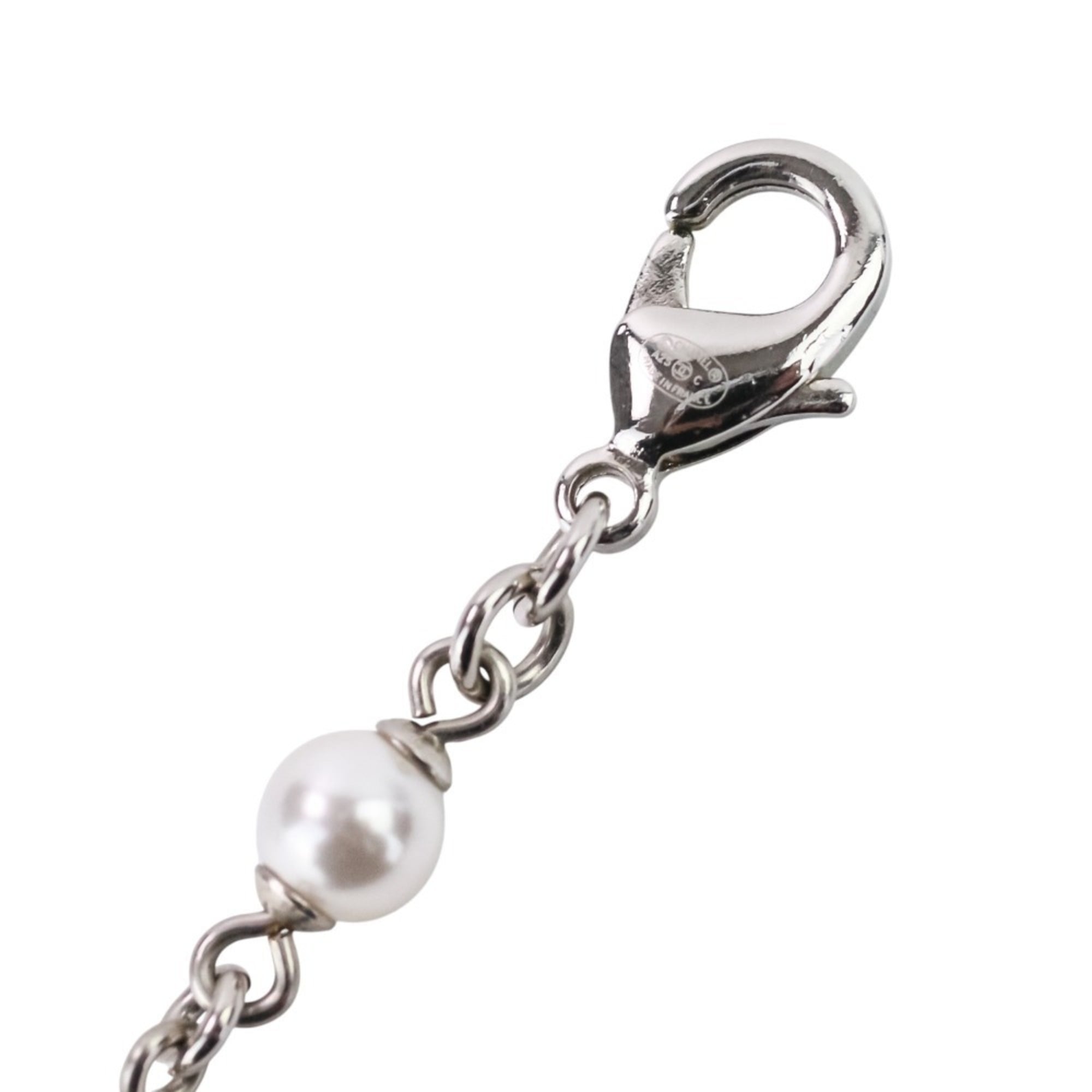 A25C CHANEL Rhinestone Coco Mark Pearl Necklace, Silver/White, Women's — Like New