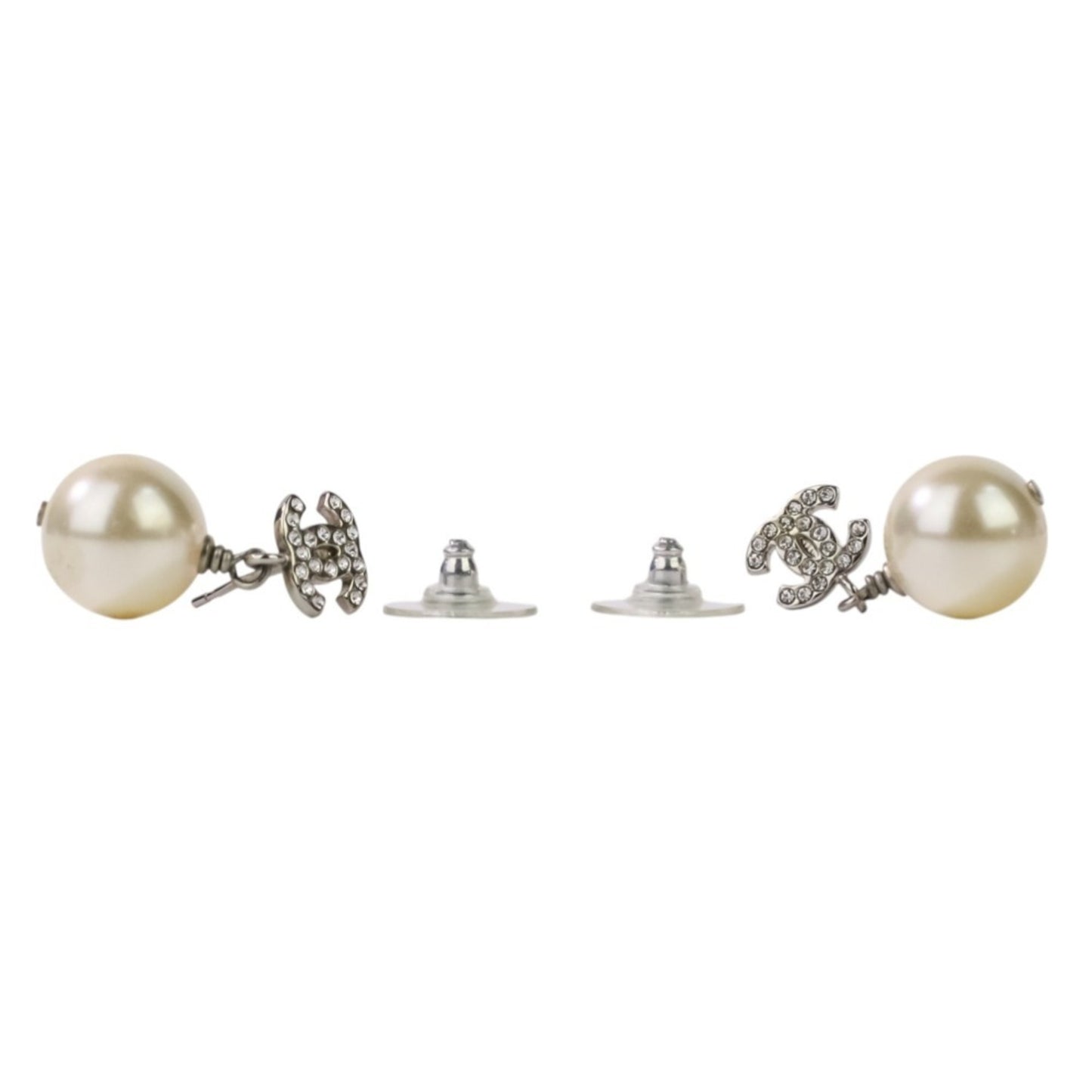 Chanel Faux Pearl & Rhinestone Coco Mark Stud Earrings in White and Silver