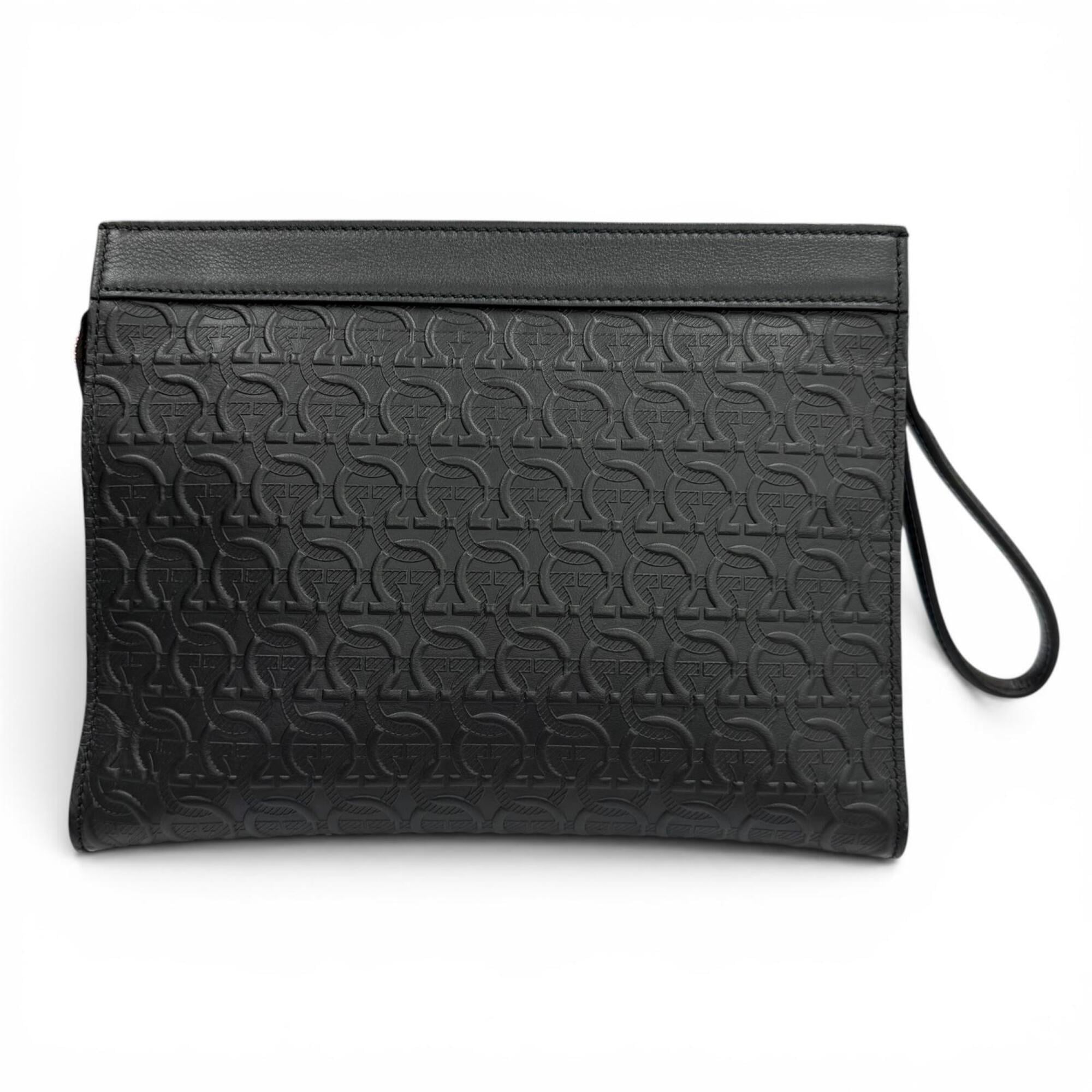 Salvatore Ferragamo leather clutch bag, black, made in Italy, men's, with box and dust bag — Like New