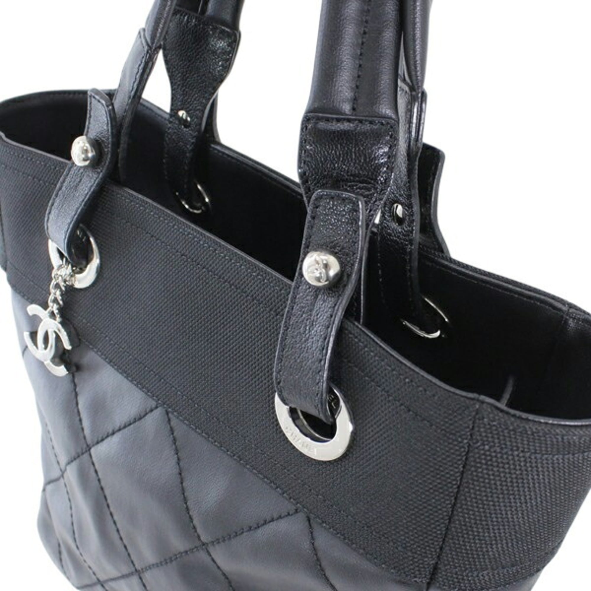 CHANEL Paris Biarritz Tote PM Black PVC Nylon Leather Bag Coco Mark A34208 T6222 — Like New