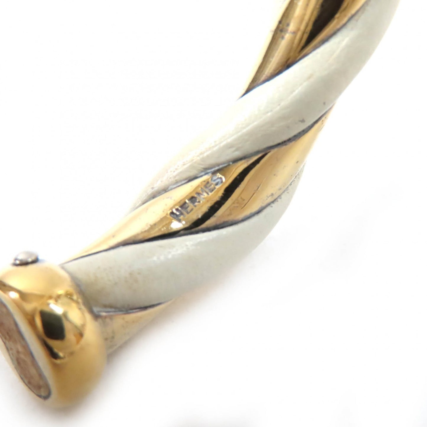HERMES Twist Bangle Bracelet, SV925 Leather, Ivory and Gold, Weight 29.3g, Women's
