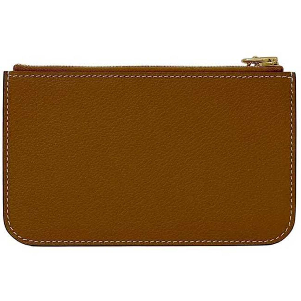 Hermes Hermès Zip Ango PM card case, f-24796, camel brown with gold coin purse and leather, Evercolor K stamp, made in 2025. This Chaine mini pouch wallet is brown.