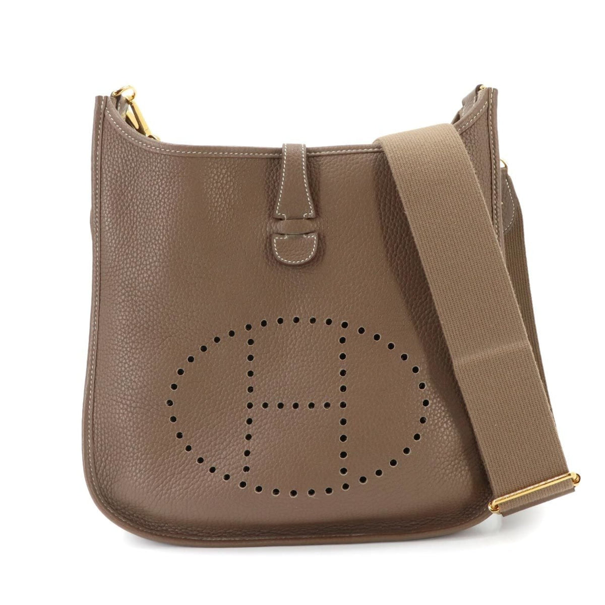 Hermes Evelyne 3 PM Shoulder Handbag, Taurillon Clemence Leather, Etoupe, D Stamp, Gold Hardware — Like New