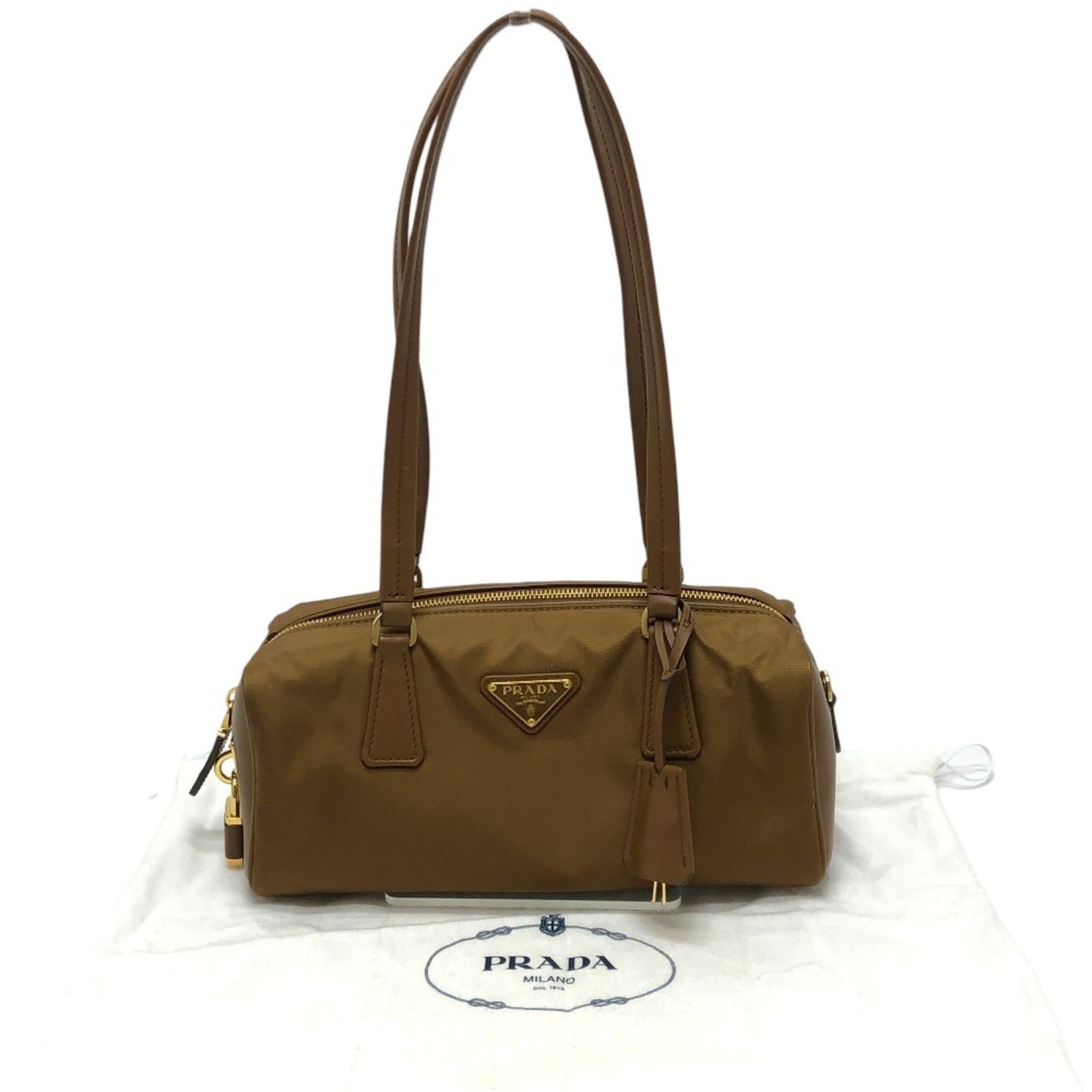 PRADA 1BB127 Padlock Top Handle Medium Shoulder Bag Nylon Leather Women's Brown Like New — Like New