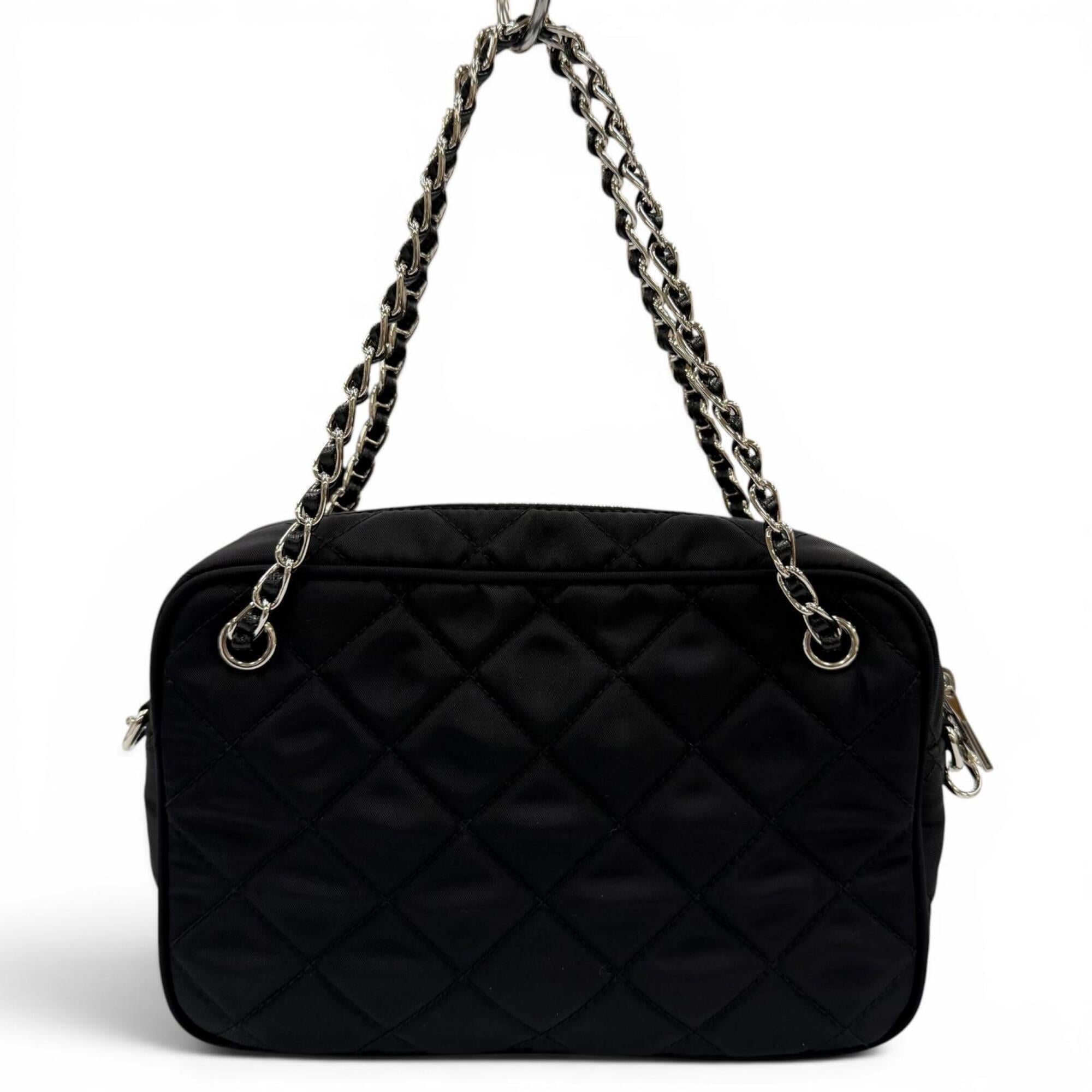 PRADA 1BH910 Tessuto Inpunto Triangle Logo Leather 2-Way Handbag/Shoulder Bag Black Silver Hardware Women's — Like New