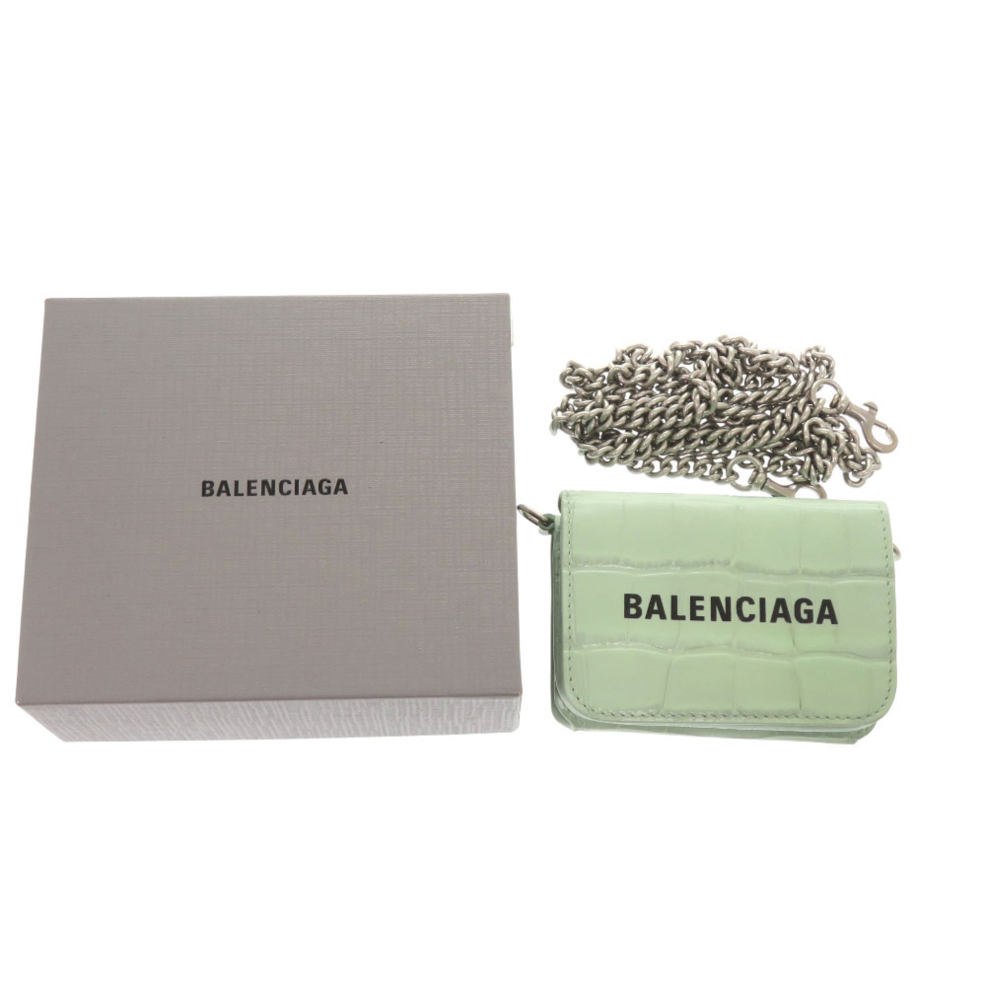 Like new Balenciaga Chain Wallet 618145 Embossed Leather Green Tri-fold 1264