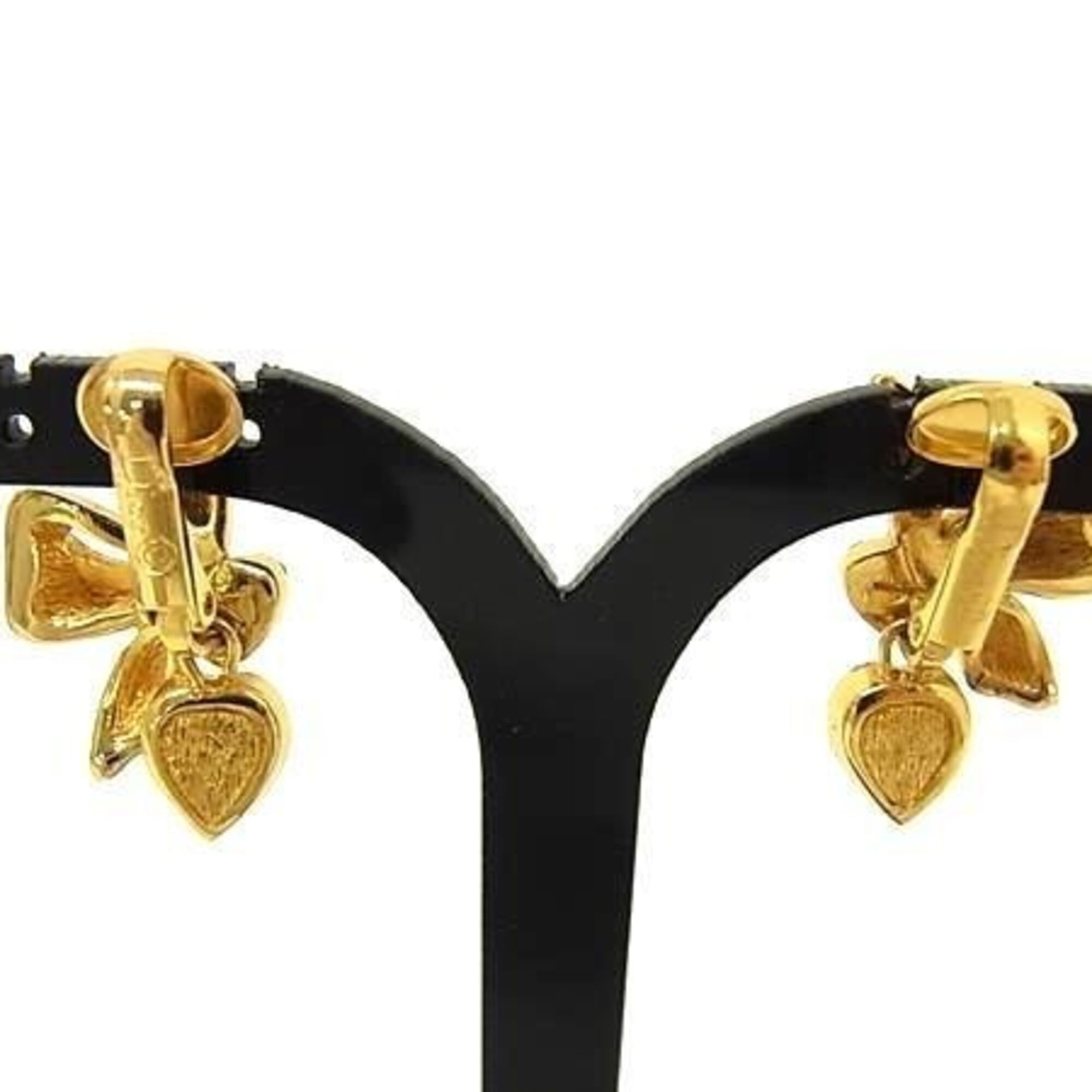 Christian Dior Earrings, Ribbon Motif, Gold Metal, Rhinestone, Women's — Like New