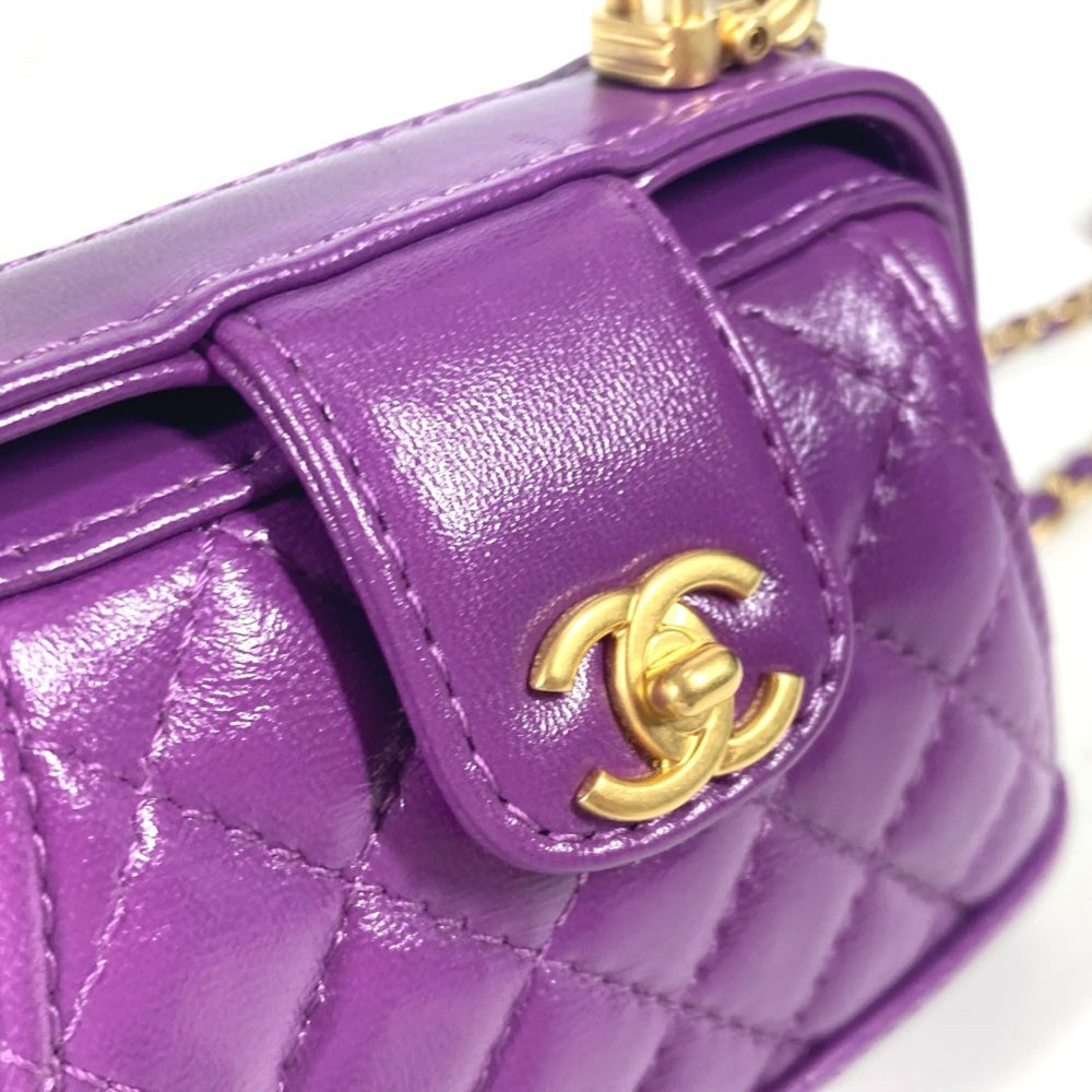 CHANEL AP4109 24A Quilted Matelasse CC Coco Mark Chain Clutch Mini Shoulder Bag Leather Women's Purple — Like New