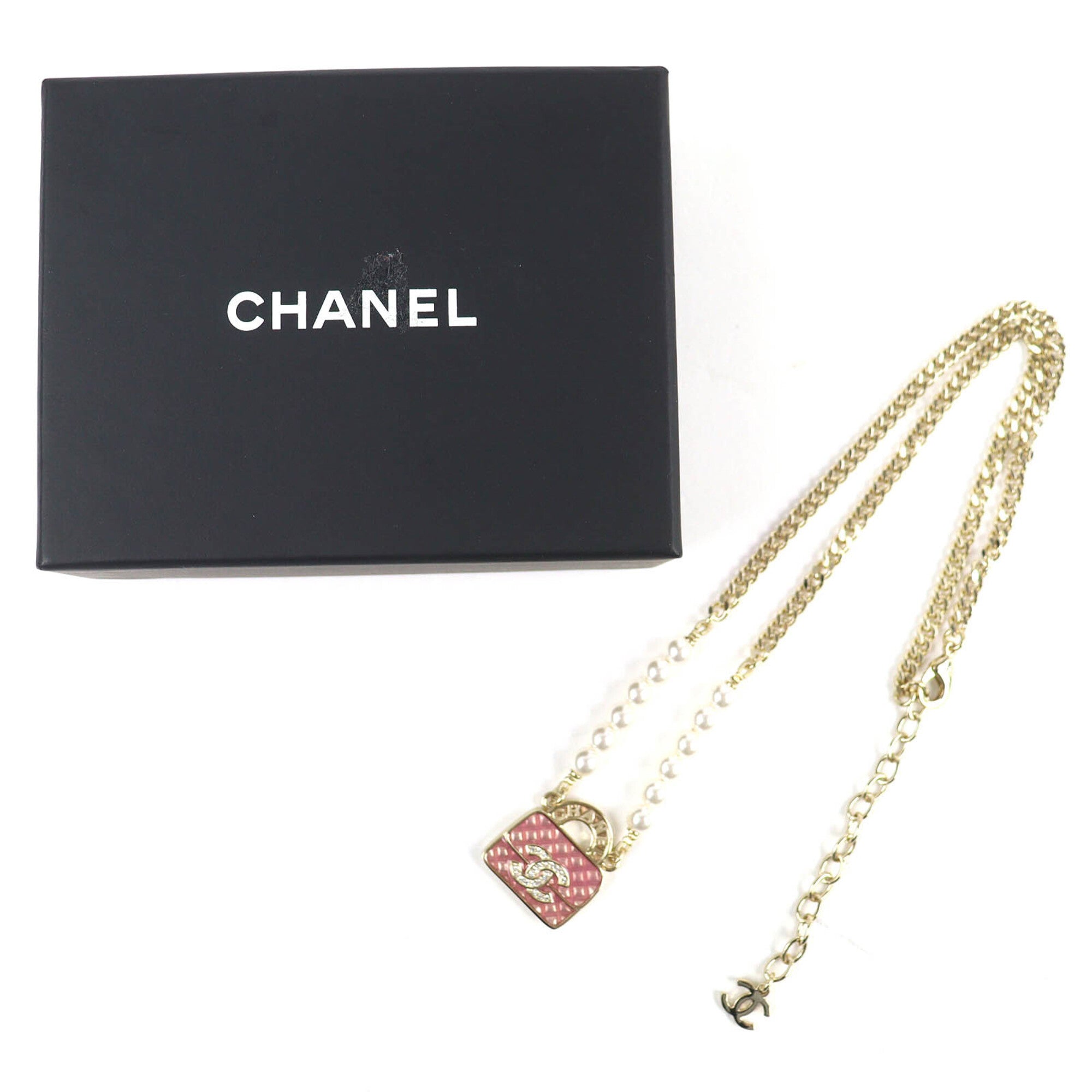 CHANEL (Chanel) 2024 Model B24S ABD331 B16656 Coco Mark Rhinestone Matelassé Bag Motif Faux Pearl Logo Necklace Champagne Gold Pink Comes with Box Made in Italy Women's — Like New