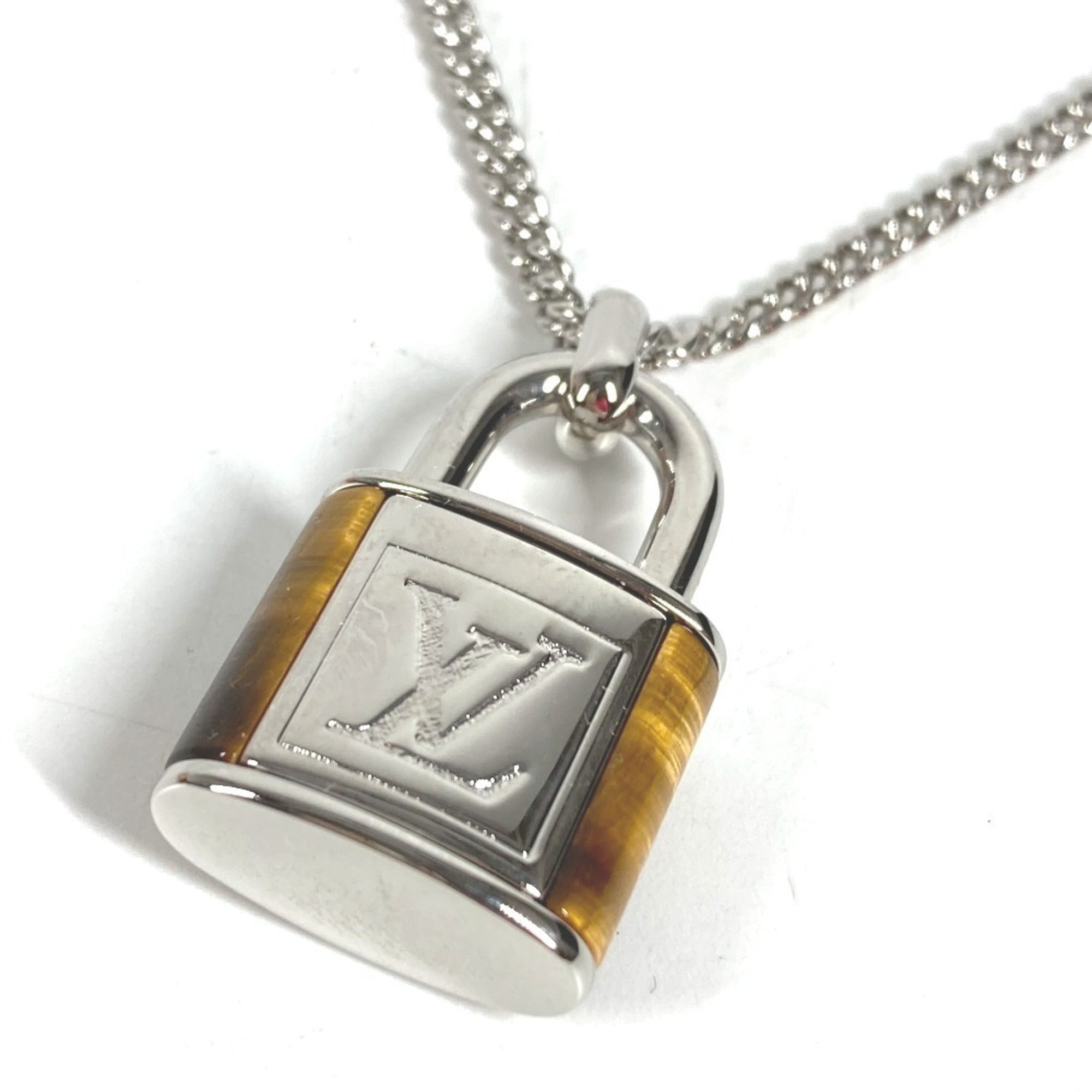 LOUIS VUITTON M62668 Collier LV Stone Tiger Eye Pendant Necklace, Accessory, Chain Metal, Men's, Women's, Silver — Like New