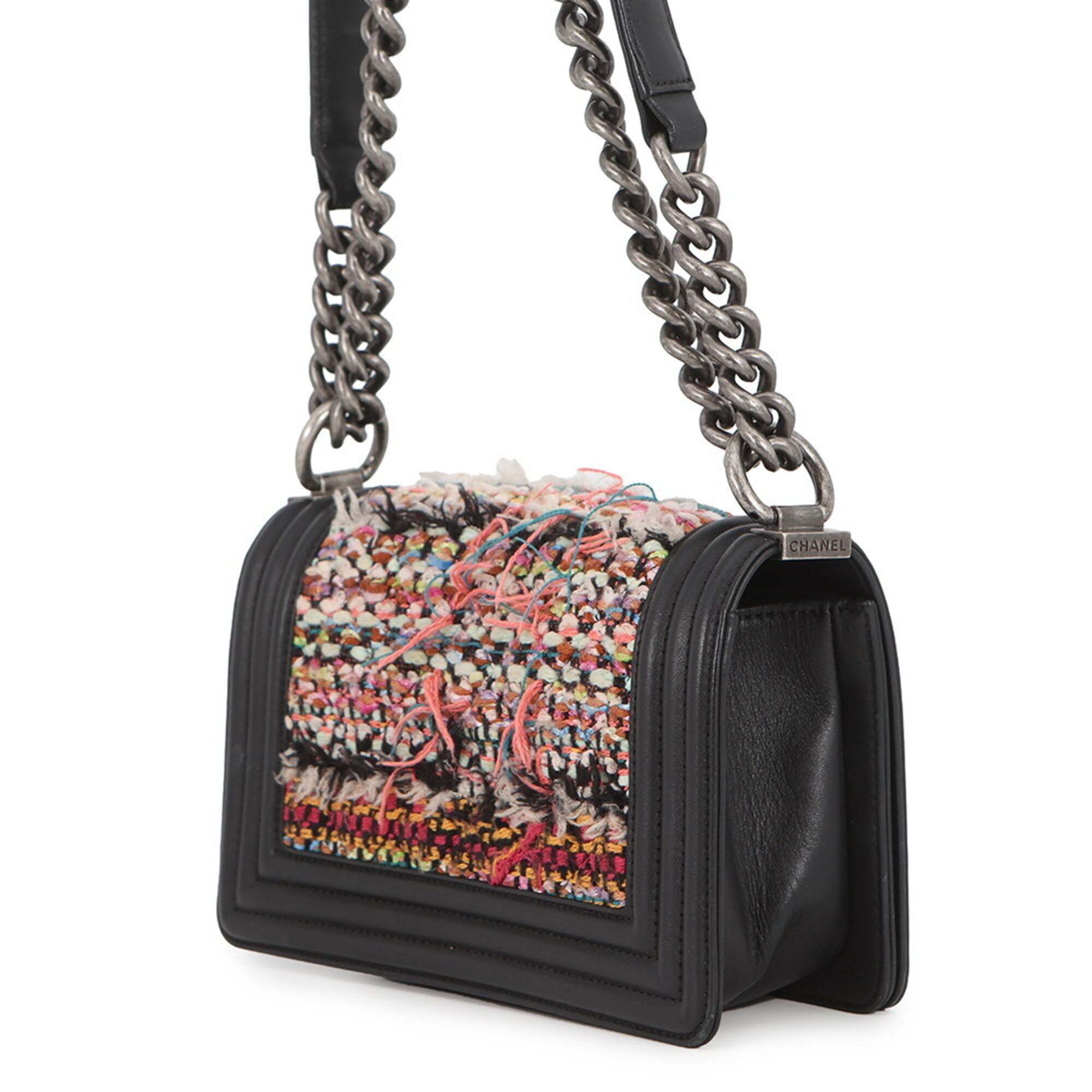 Chanel Chain Shoulder Bag Boy Small Matelassé Coco Mark Lambskin Tweed CHANEL Black Handbag Women's — Like New