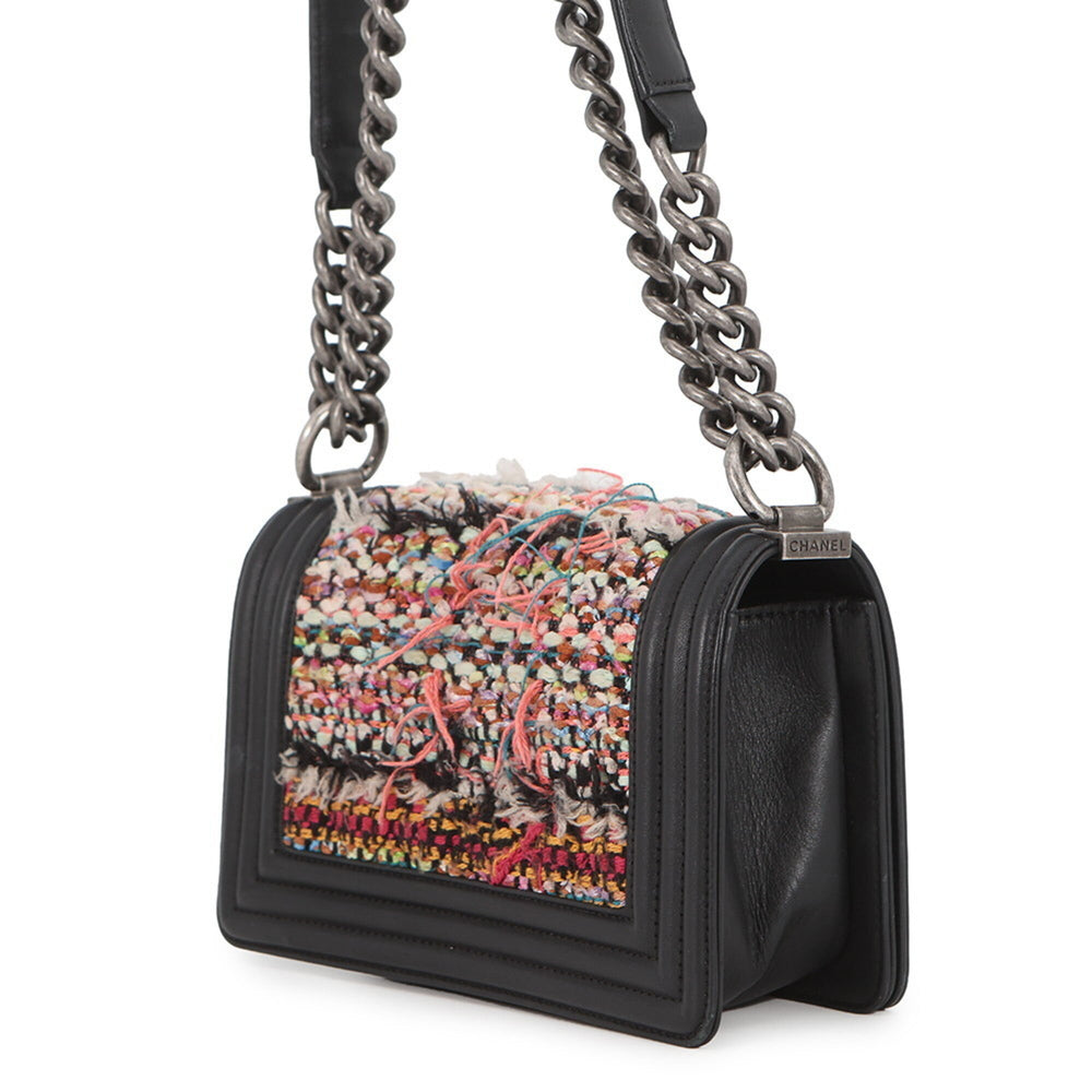 Chanel Chain Shoulder Bag Boy Small Matelassé Coco Mark Lambskin Tweed CHANEL Black Handbag Women's — Like New