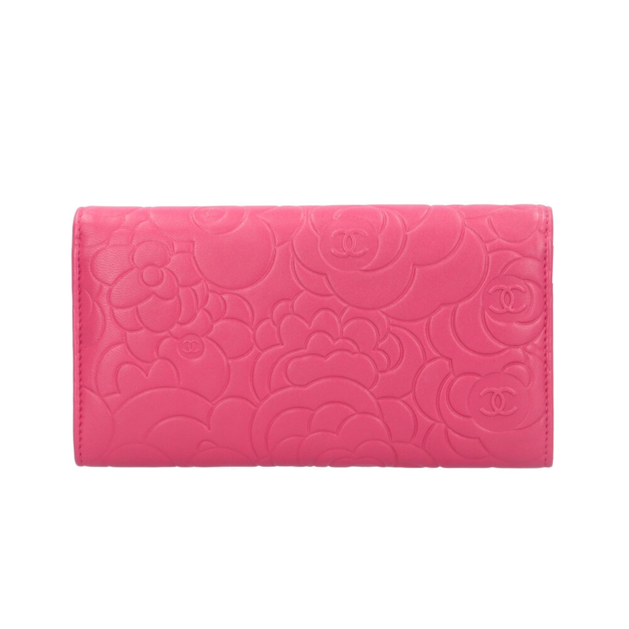 Pre-owned Chanel Camellia long wallet, leather A82283, women's.