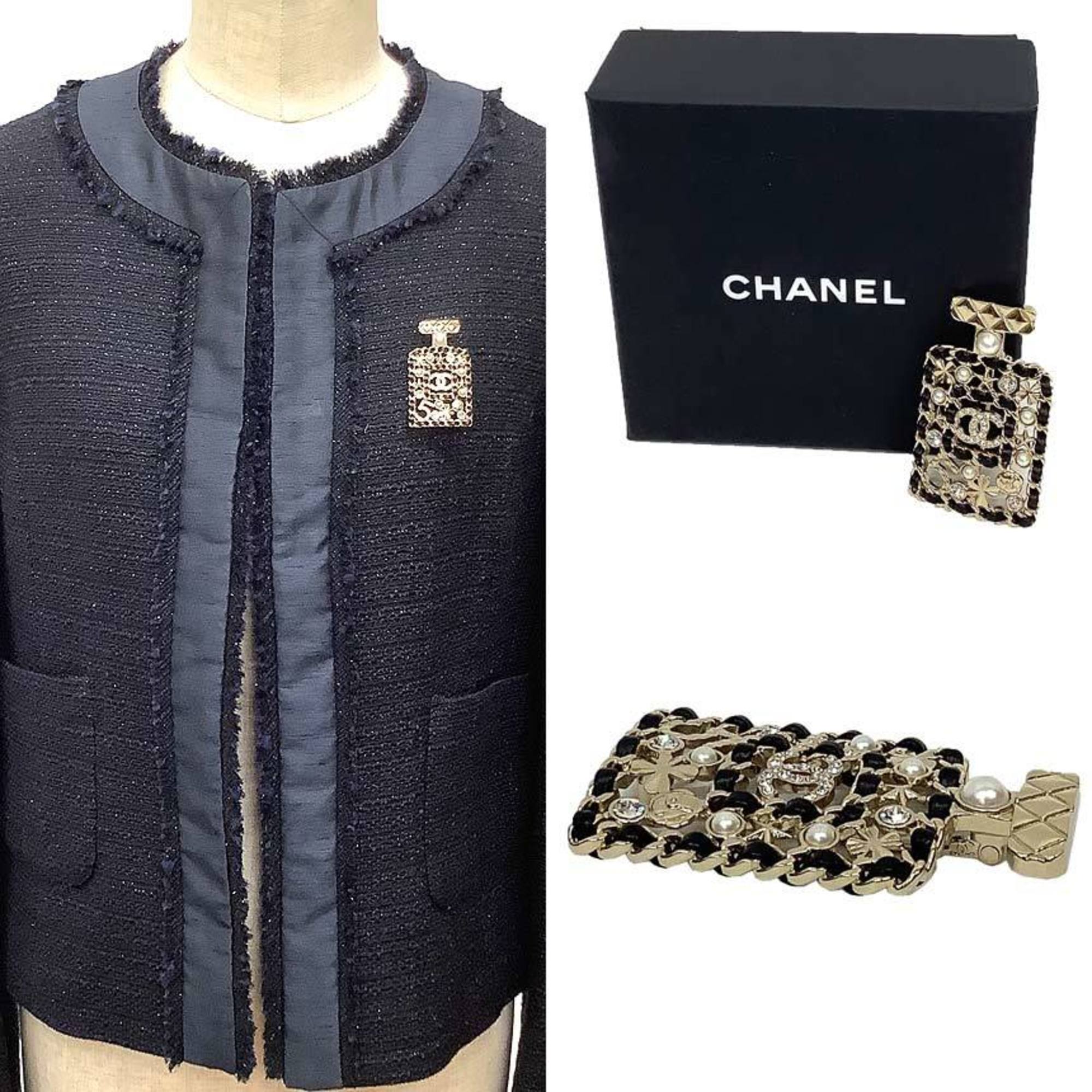 CHANEL Brooch with Bottle Motif, Matelasse Design, Clover, Camellia, Pearl, Coco Mark, Gold and Black, Brass Leather — New - Store Return