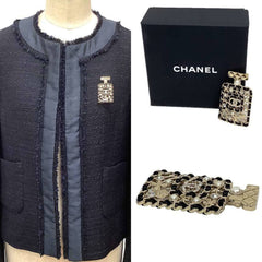 CHANEL Brooch with Bottle Motif, Matelasse Design, Clover, Camellia, Pearl, Coco Mark, Gold and Black, Brass Leather — New - Store Return