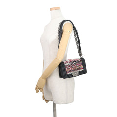 Chanel Chain Shoulder Bag Boy Small Matelassé Coco Mark Lambskin Tweed CHANEL Black Handbag Women's — Like New